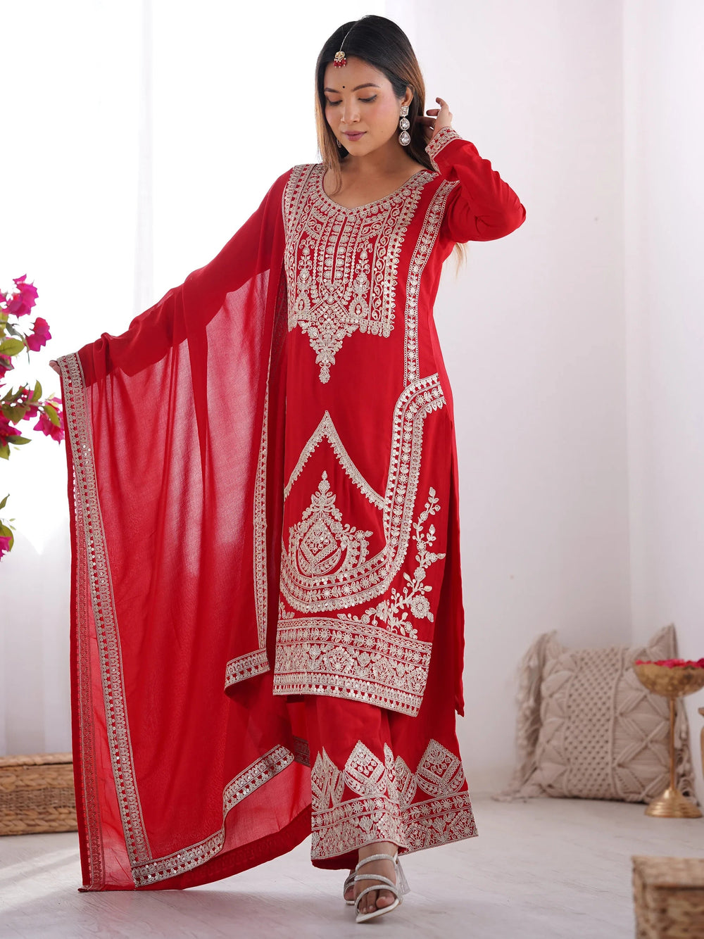 Red Dori Work Silk Wedding Palazzo Suit With Dupatta for Women