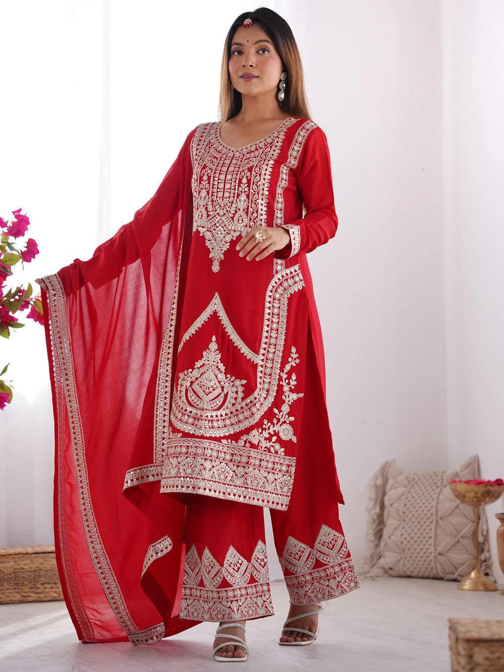 Red Dori Work Silk Wedding Palazzo Suit With Dupatta for Women
