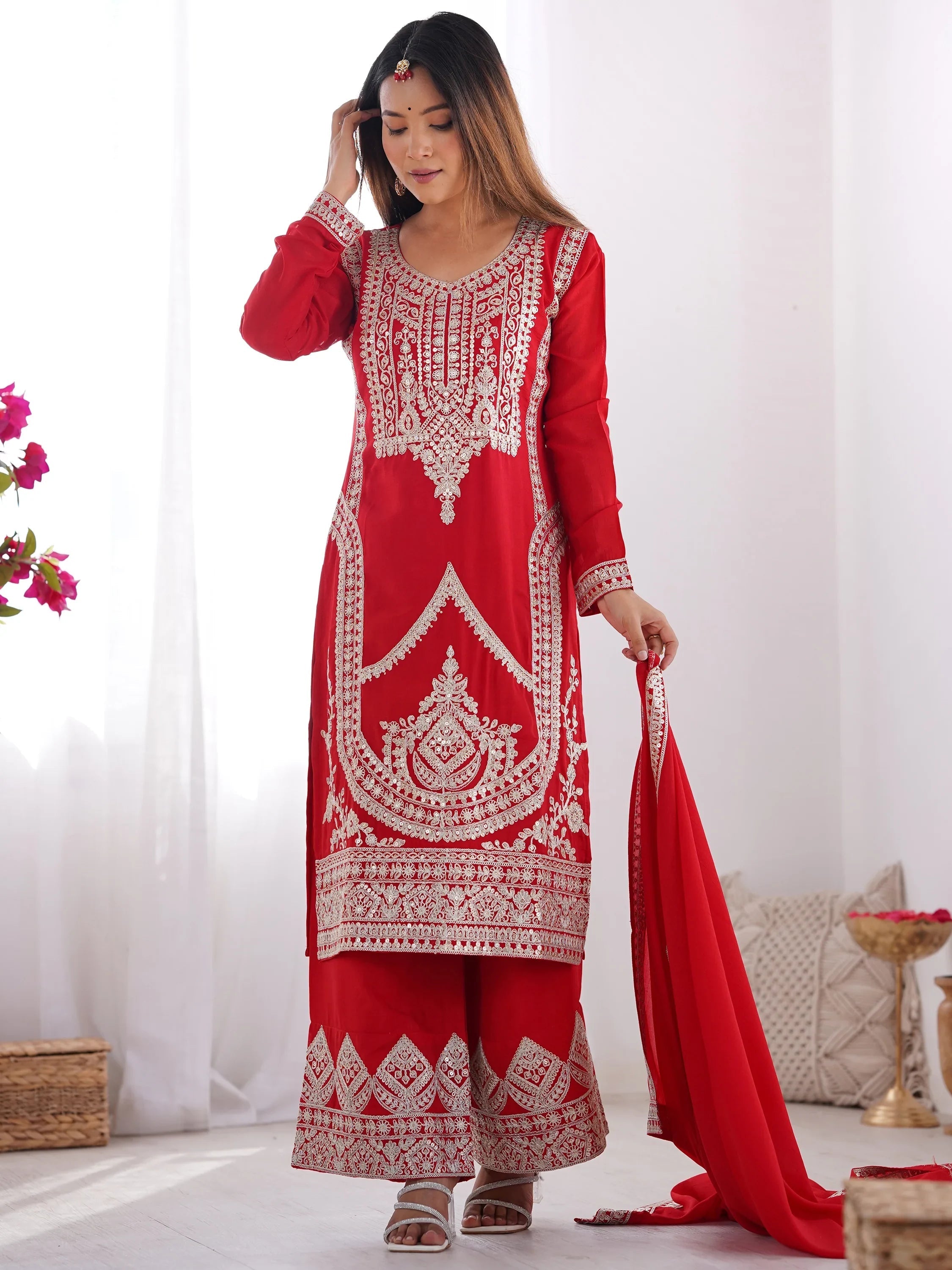 Red Dori Work Silk Wedding Palazzo Suit With Dupatta for Women