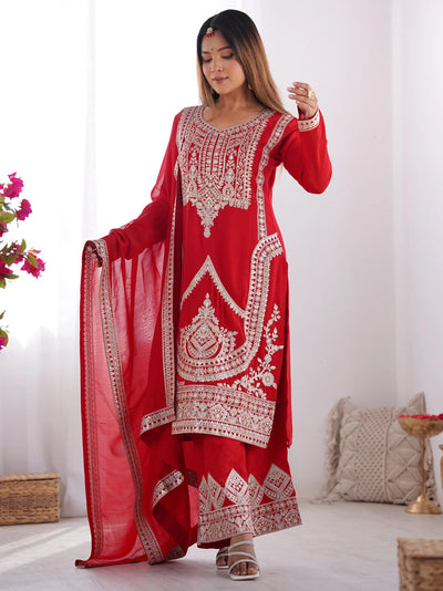 Red Dori Work Silk Wedding Palazzo Suit With Dupatta for Women