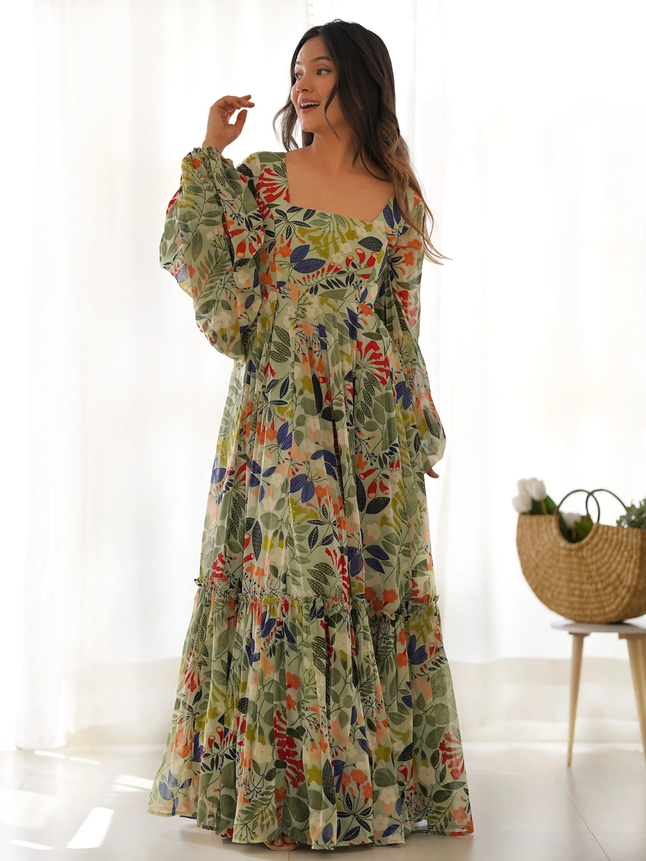Green Digital Printed Georgette Festival Wear Gown for Women