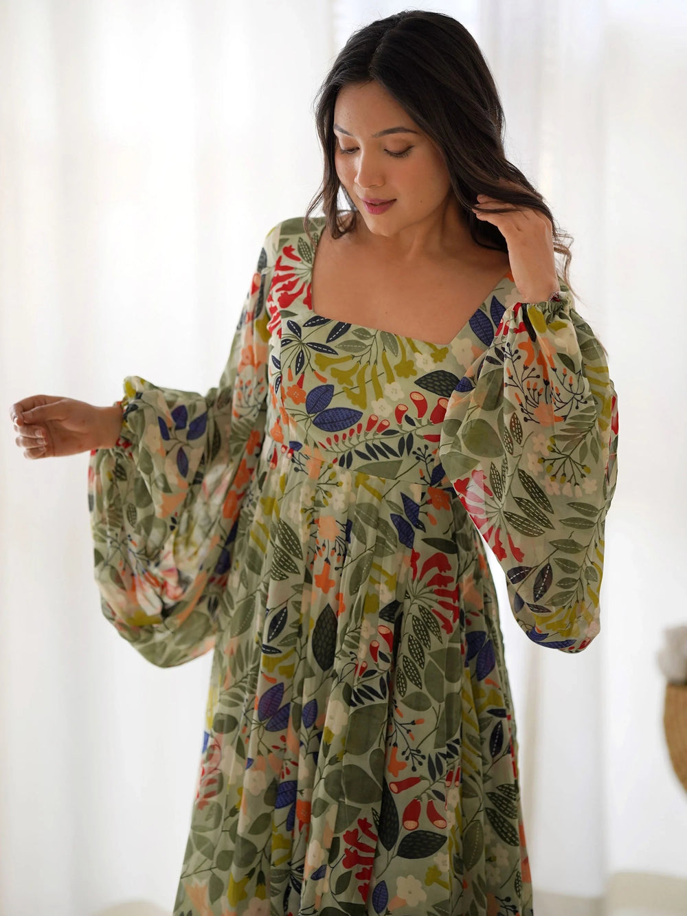 Green Digital Printed Georgette Festival Wear Gown for Women