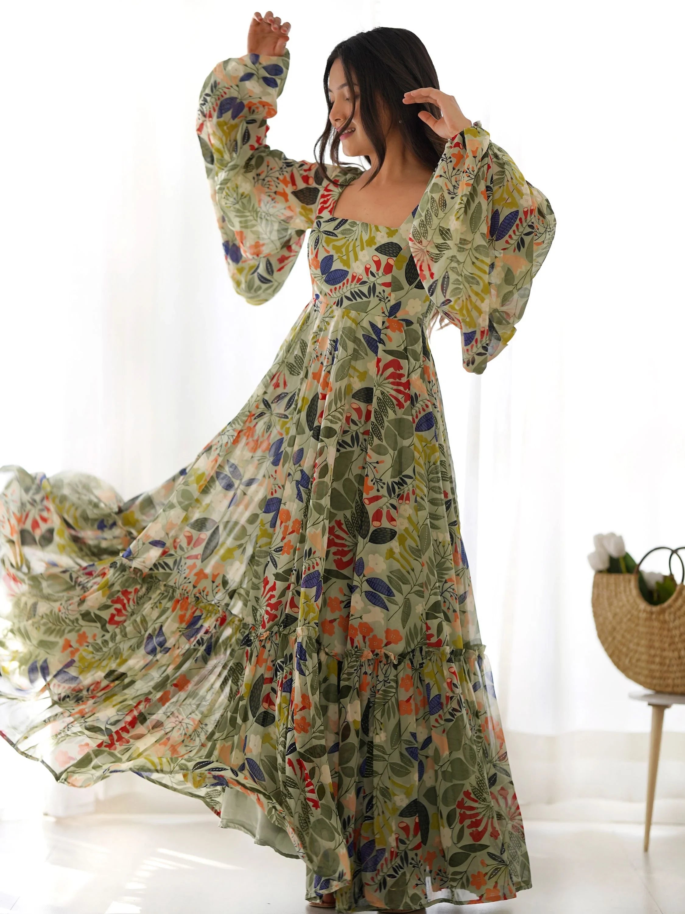 Green Digital Printed Georgette Festival Wear Gown for Women