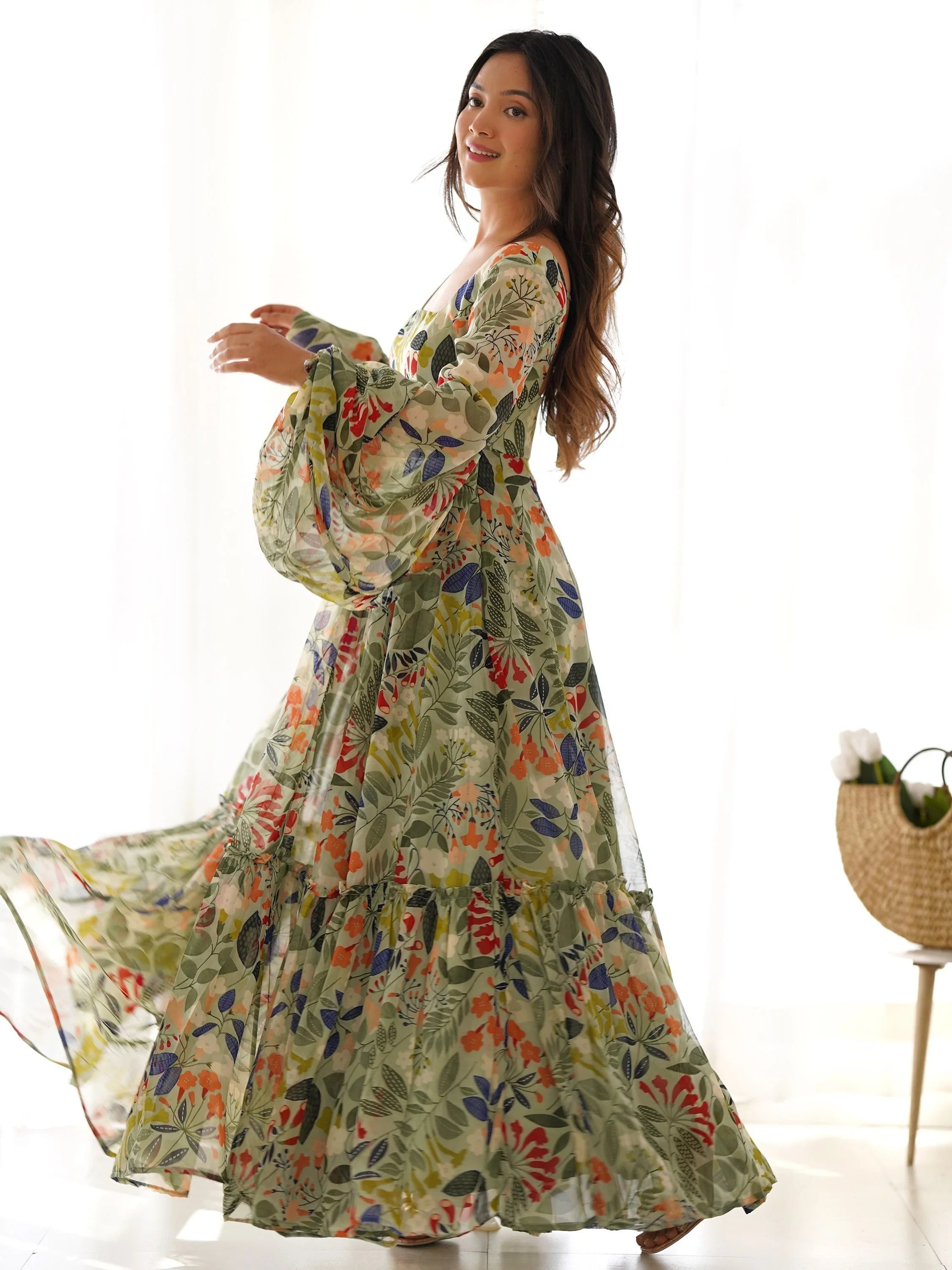 Green Digital Printed Georgette Festival Wear Gown for Women