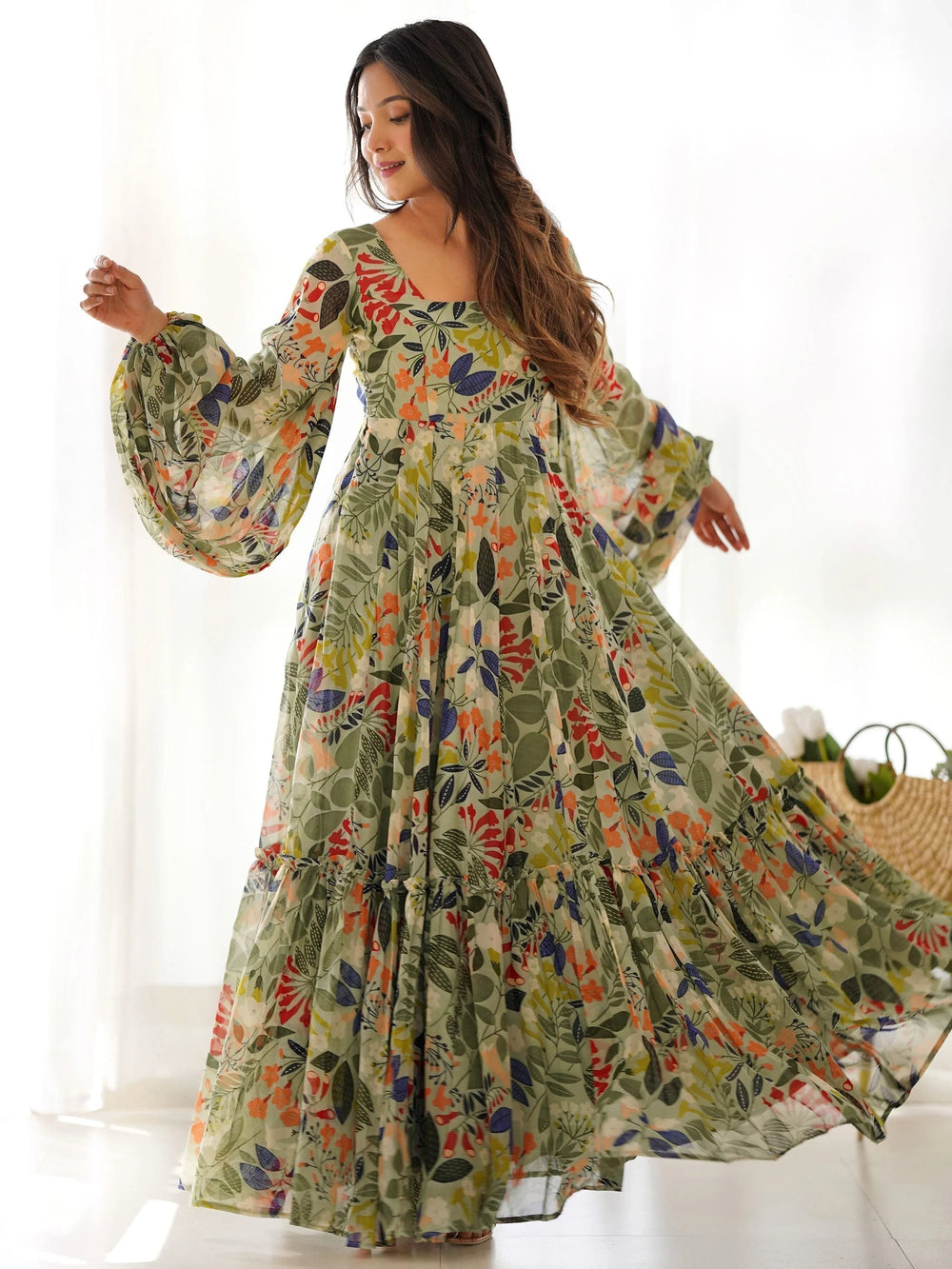 Green Digital Printed Georgette Festival Wear Gown for Women