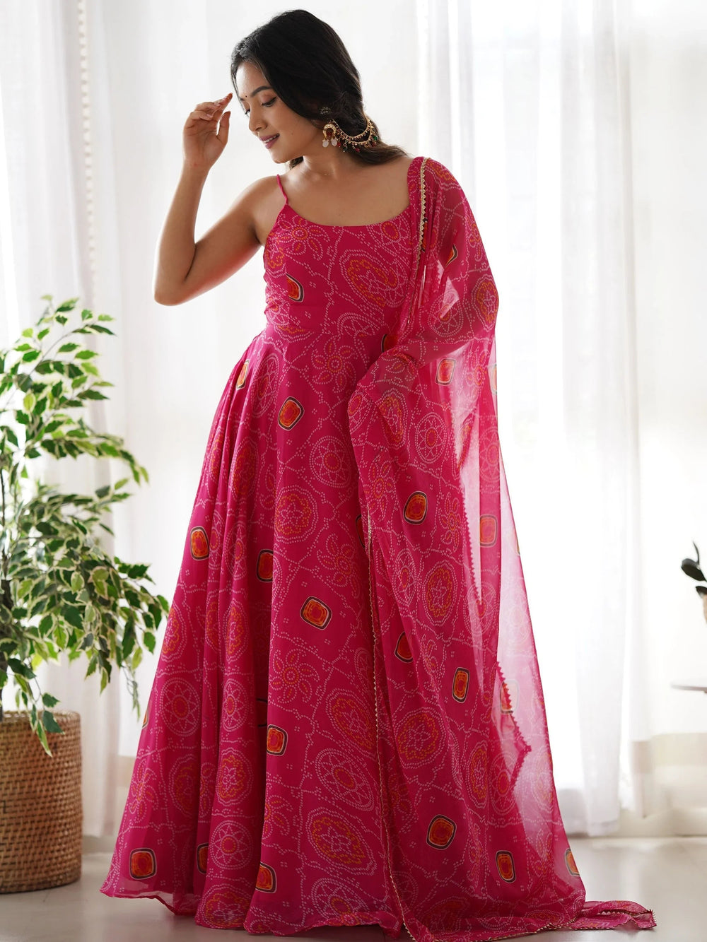 Pink Bandhani Printed Chiffon Anarkali Gown With Dupatta for Women