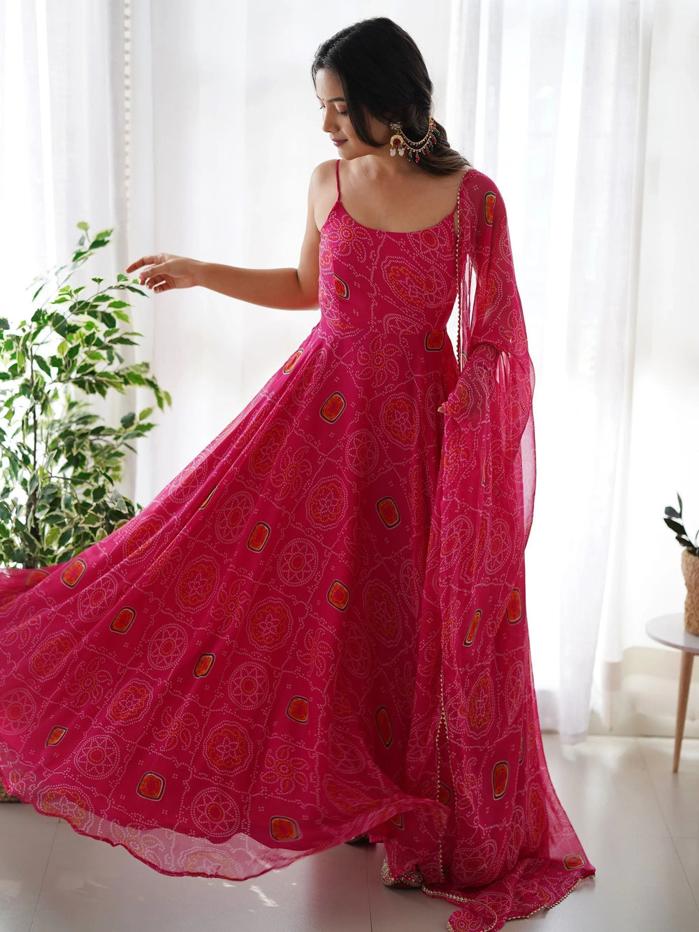 Pink Bandhani Printed Chiffon Anarkali Gown With Dupatta for Women