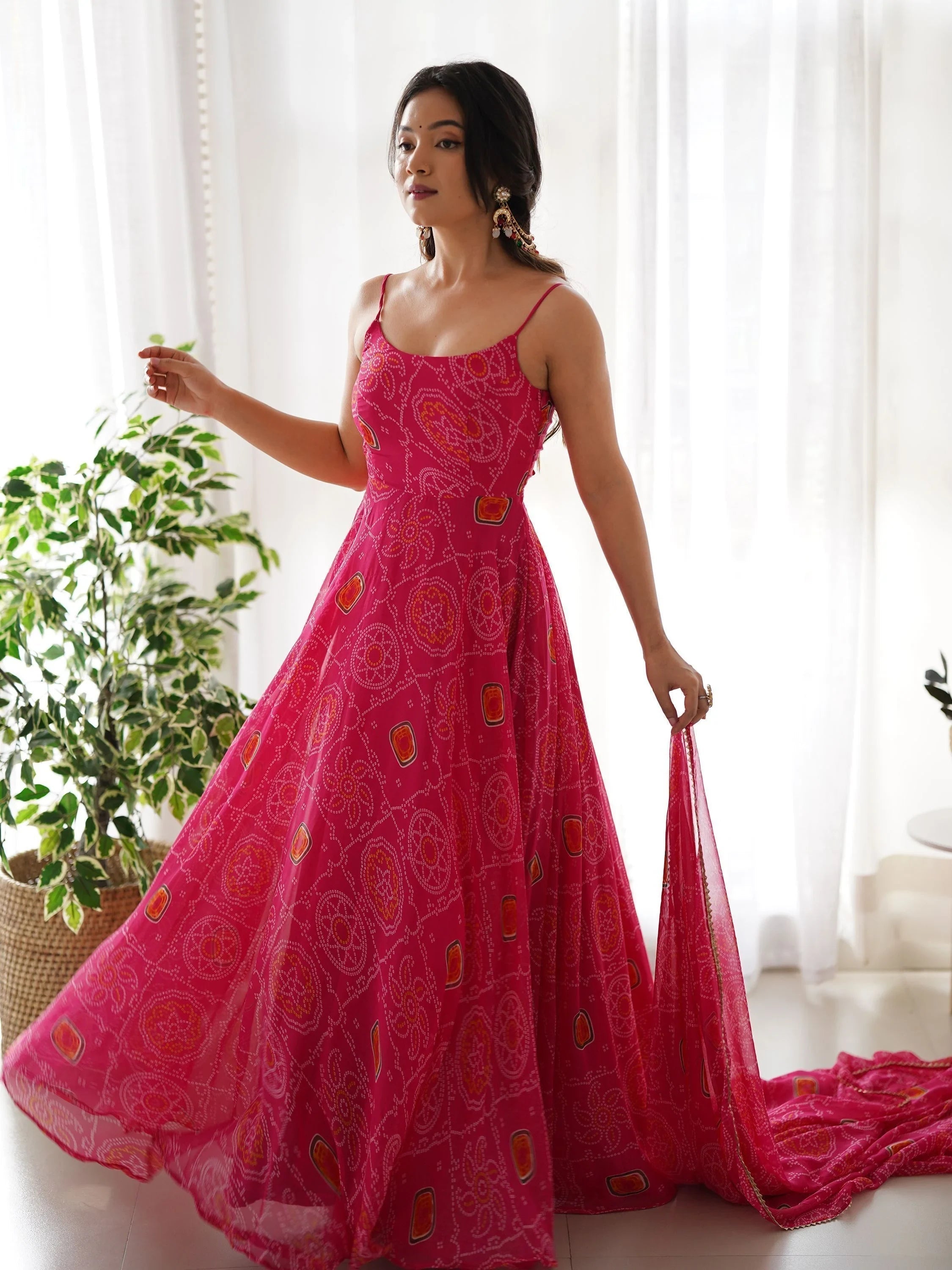 Pink Bandhani Printed Chiffon Anarkali Gown With Dupatta for Women