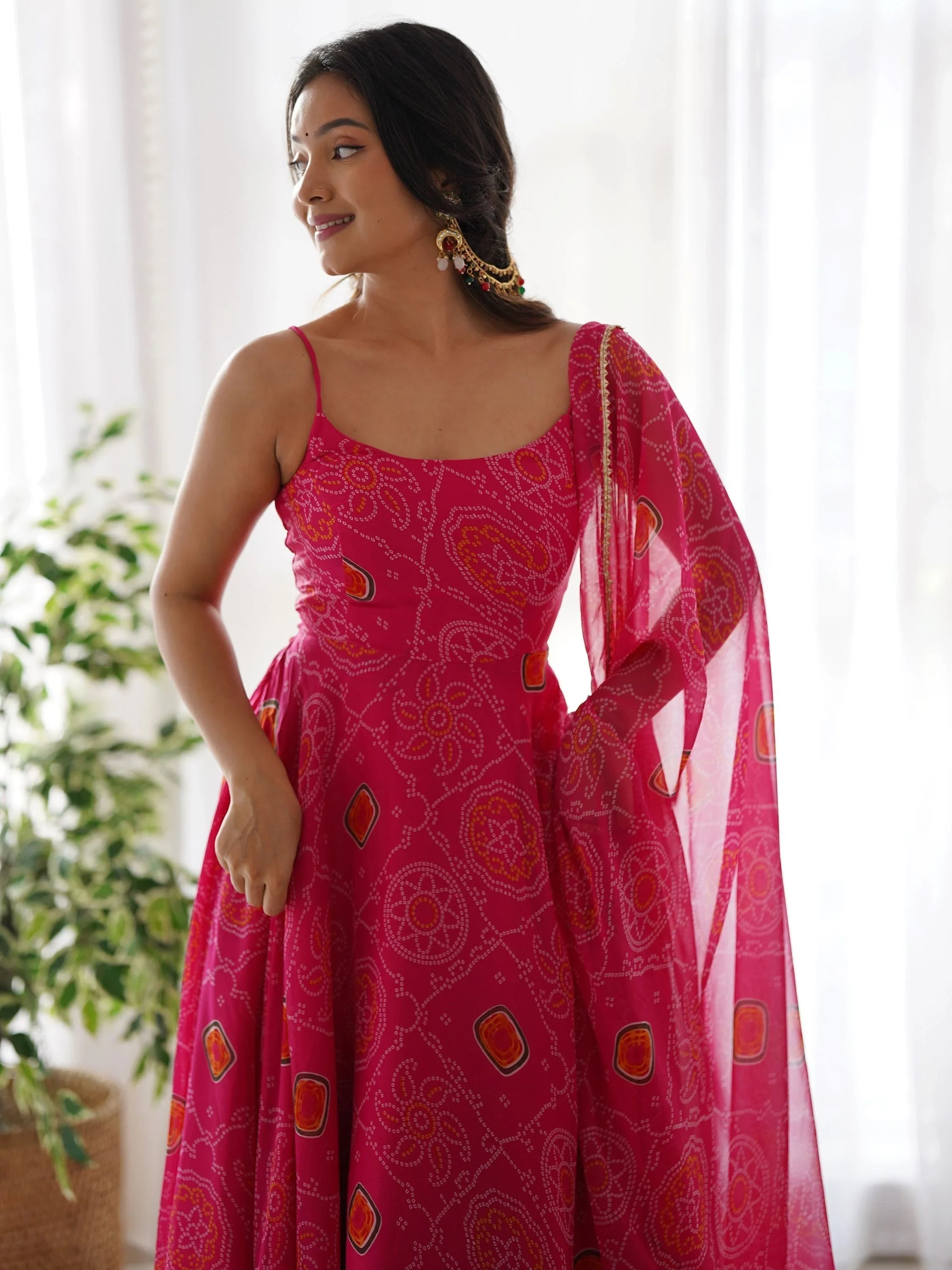 Pink Bandhani Printed Chiffon Anarkali Gown With Dupatta for Women