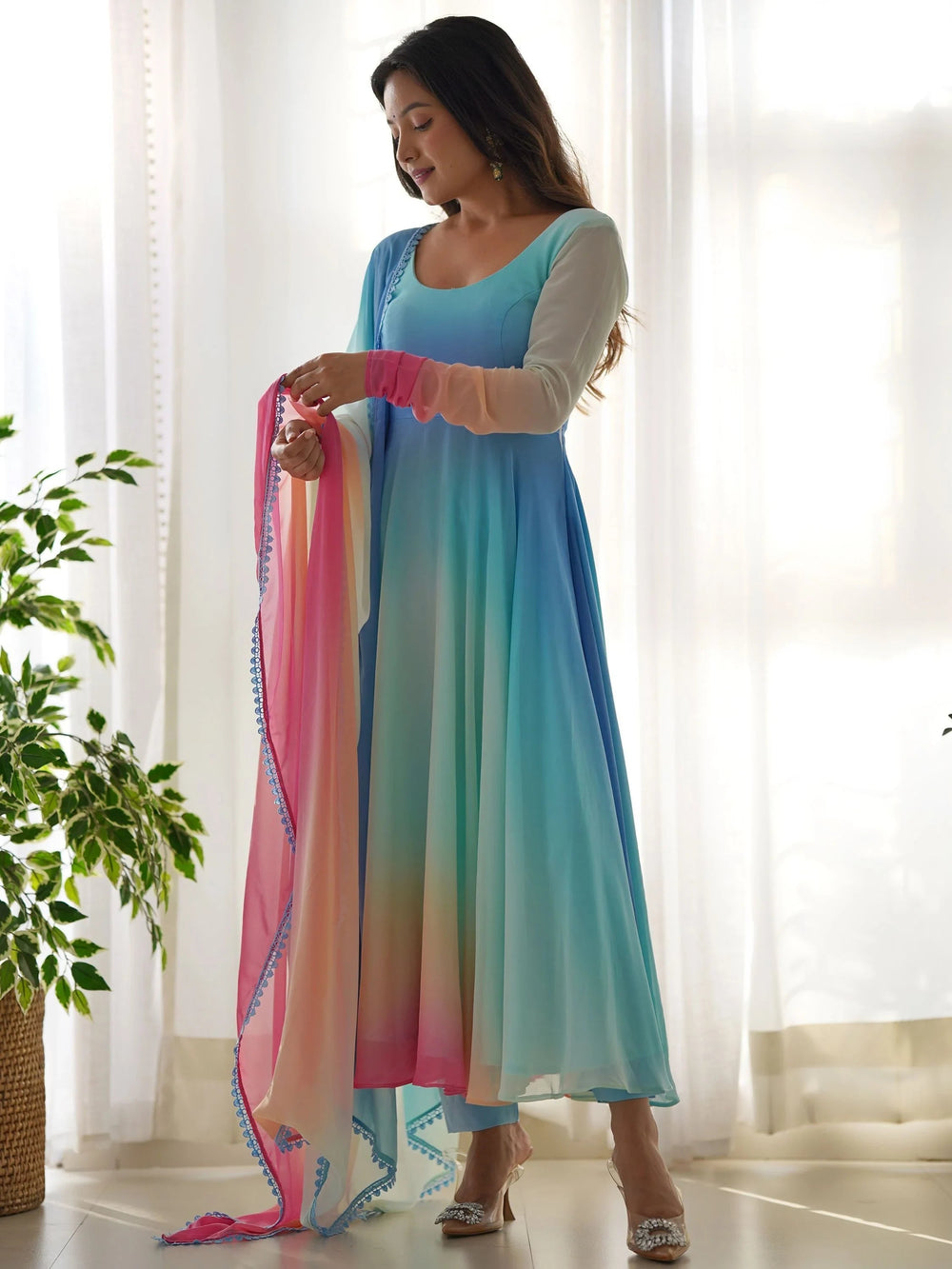 Multi-Color Georgette Readymade Anarkali Suit With Dupatta for Women