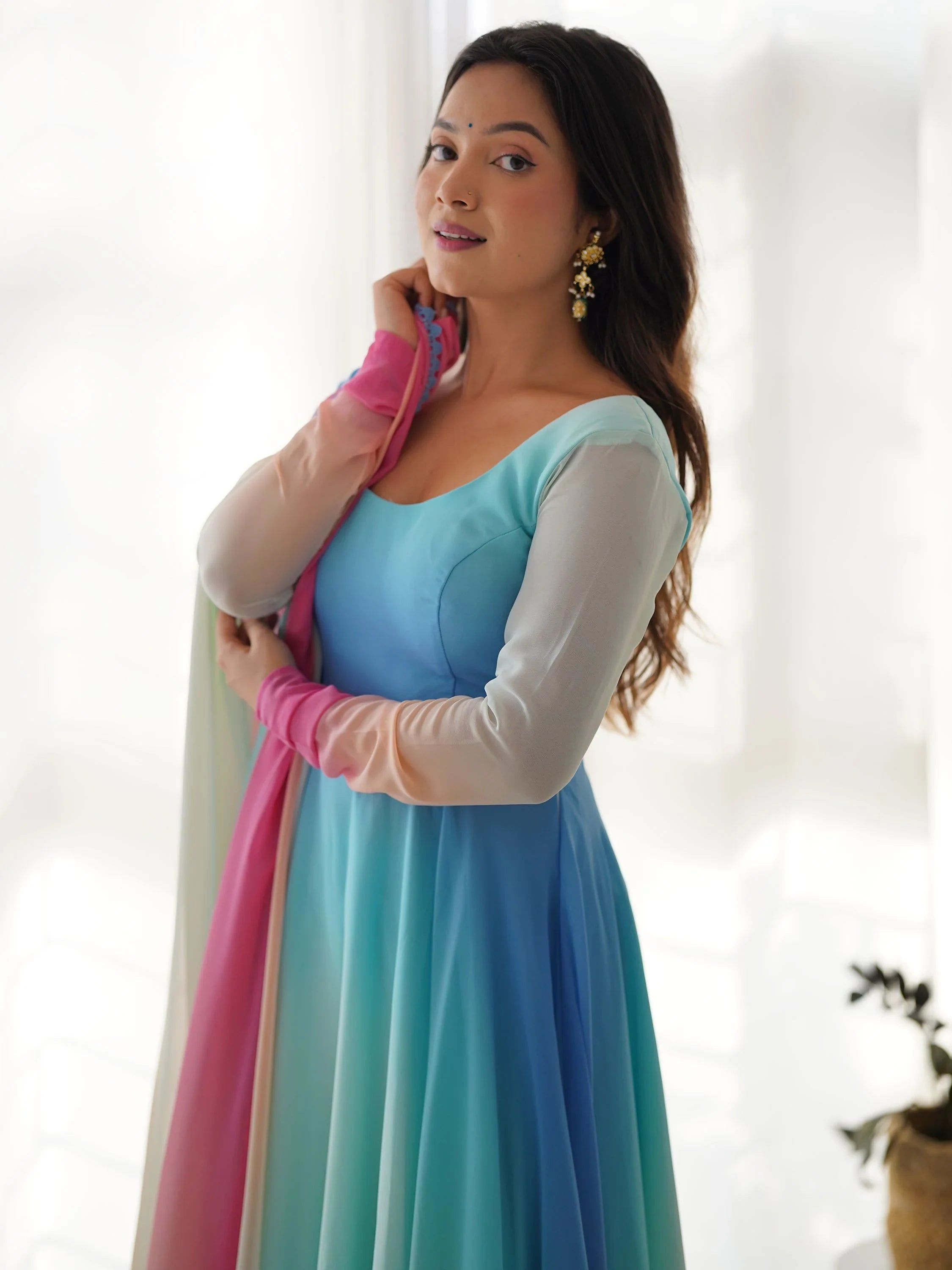 Multi-Color Georgette Readymade Anarkali Suit With Dupatta for Women