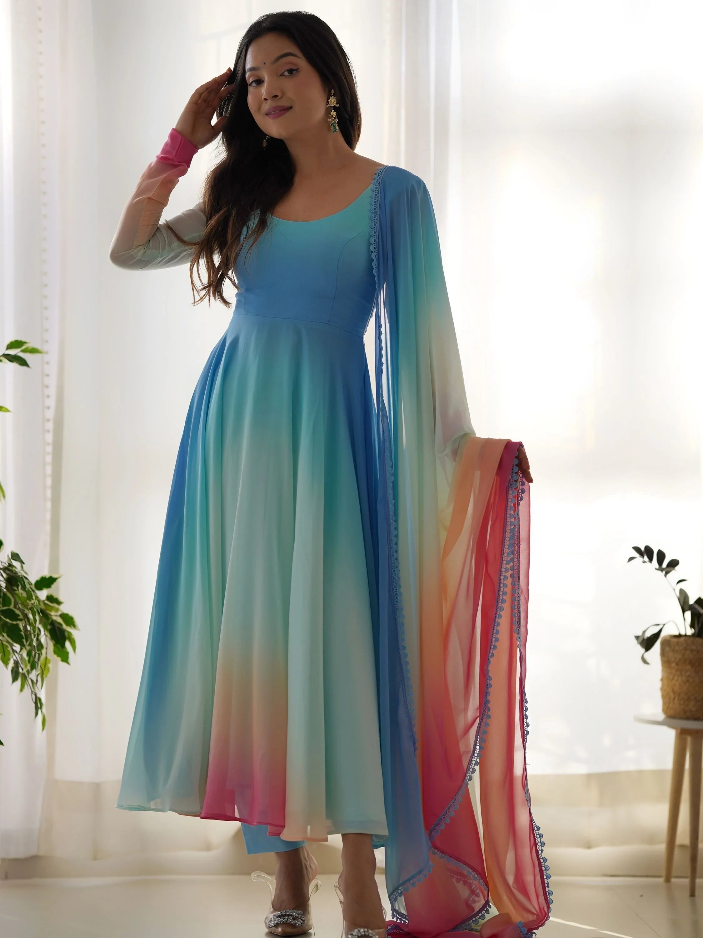 Multi-Color Georgette Readymade Anarkali Suit With Dupatta for Women