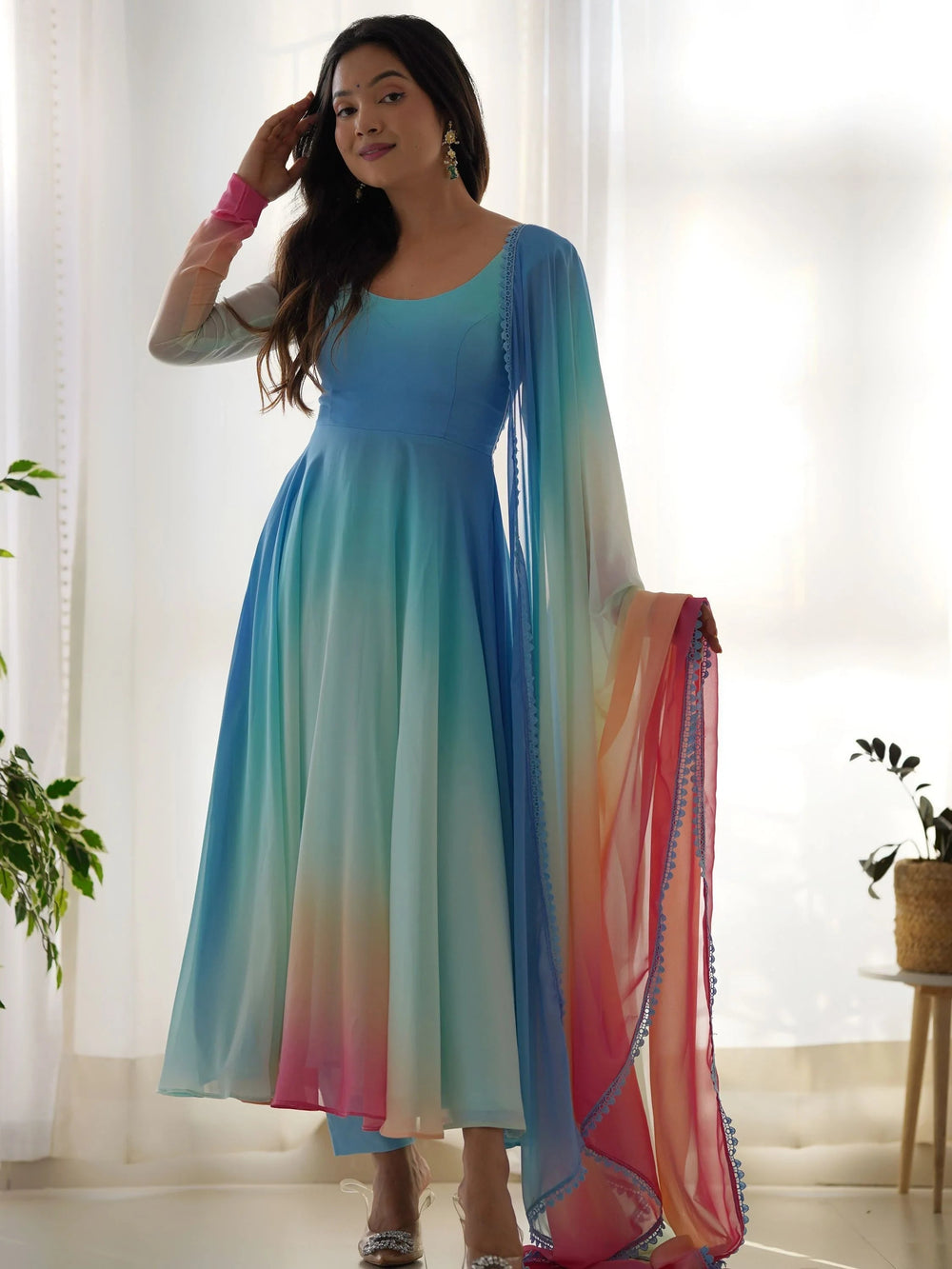 Multi-Color Georgette Readymade Anarkali Suit With Dupatta for Women