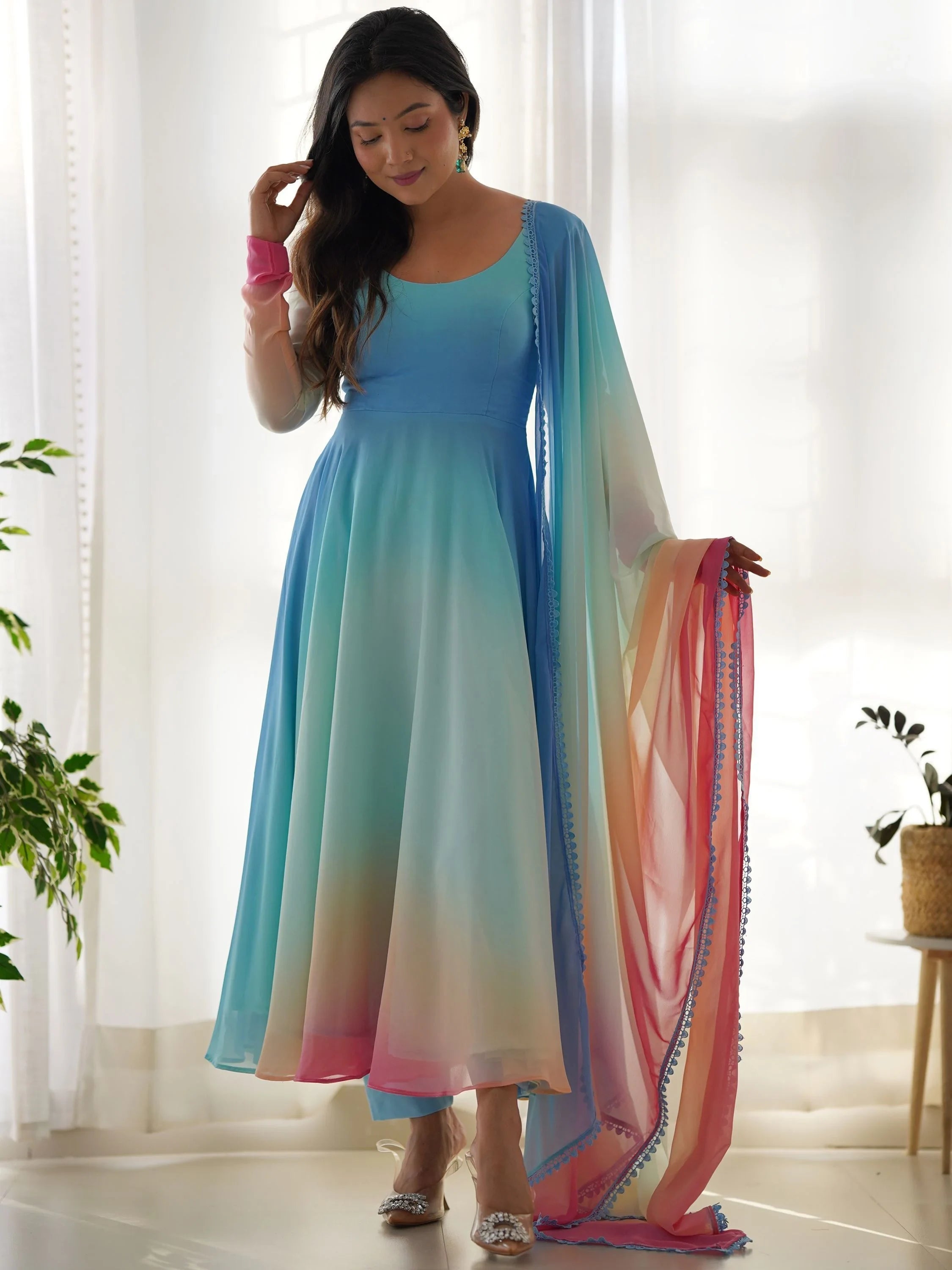 Multi-Color Georgette Readymade Anarkali Suit With Dupatta for Women