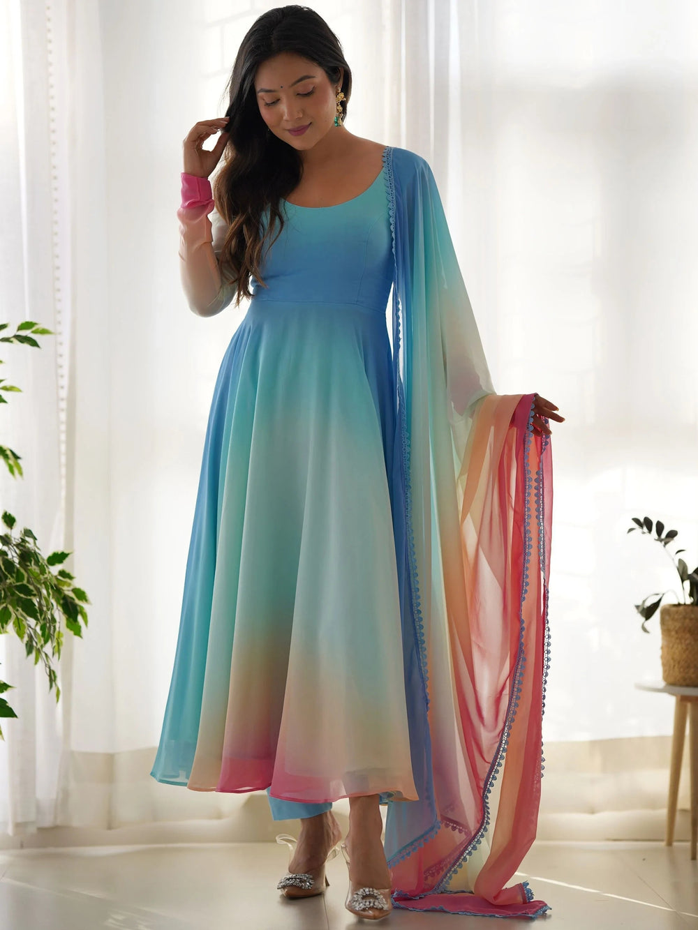 Multi-Color Georgette Readymade Anarkali Suit With Dupatta for Women