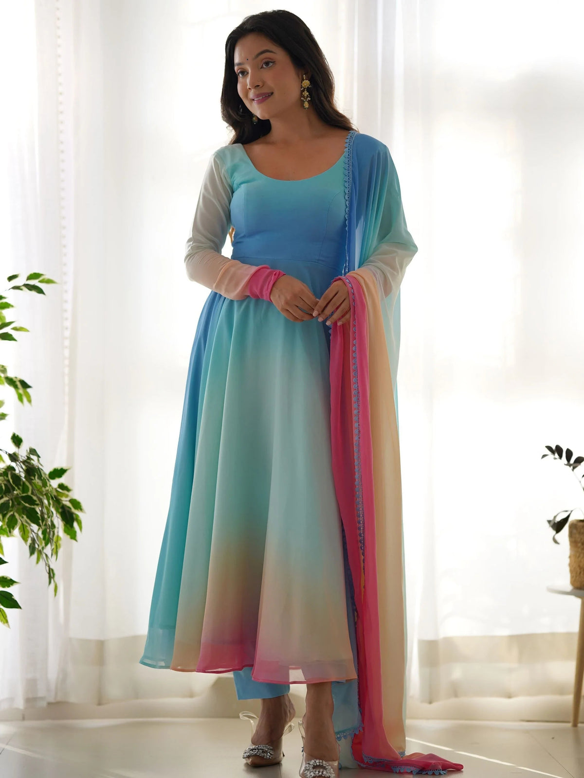 Multi-Color Georgette Readymade Anarkali Suit With Dupatta for Women