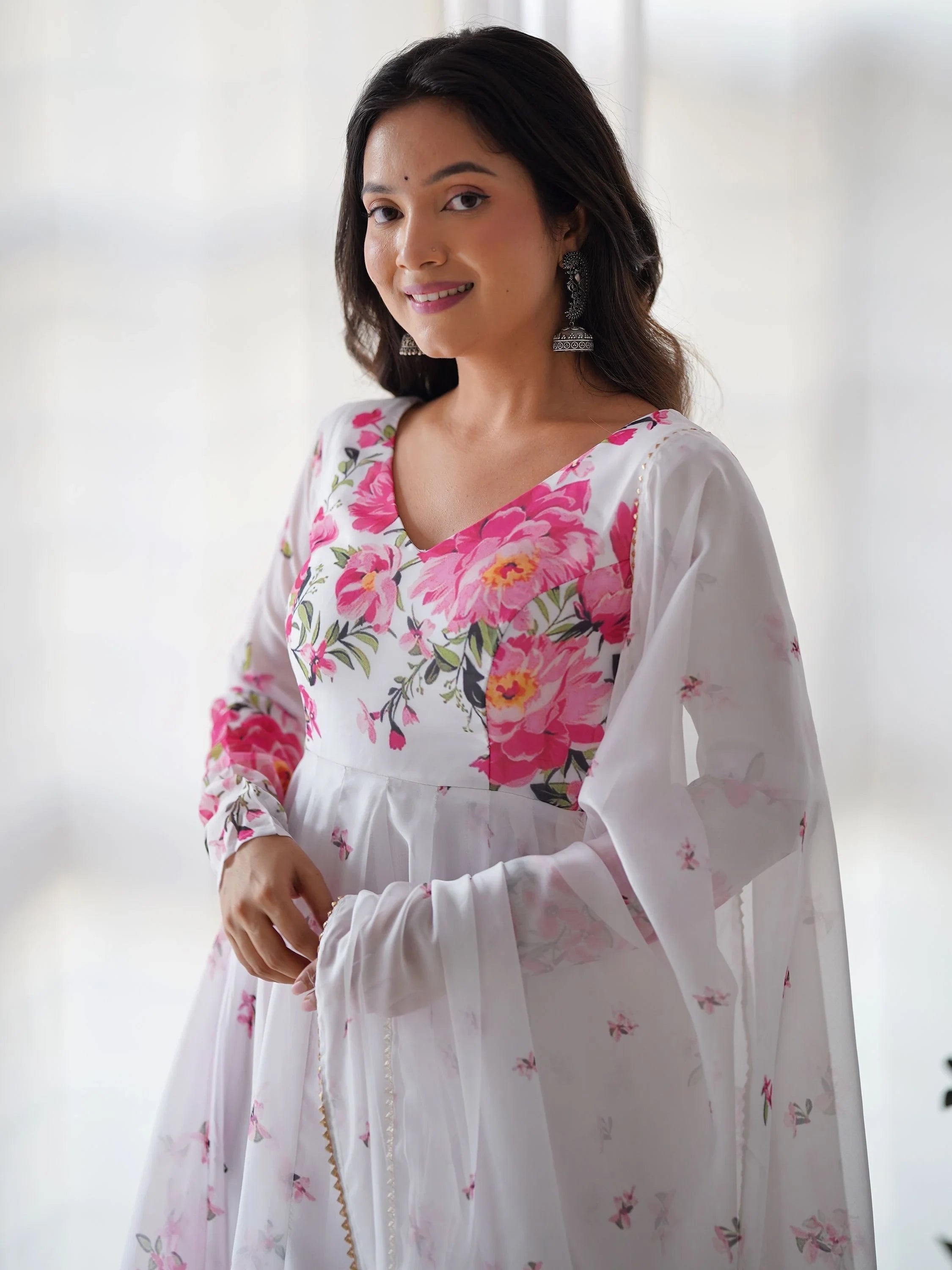 White Floral Printed Organza Event Wear Anarkali Suit for Women