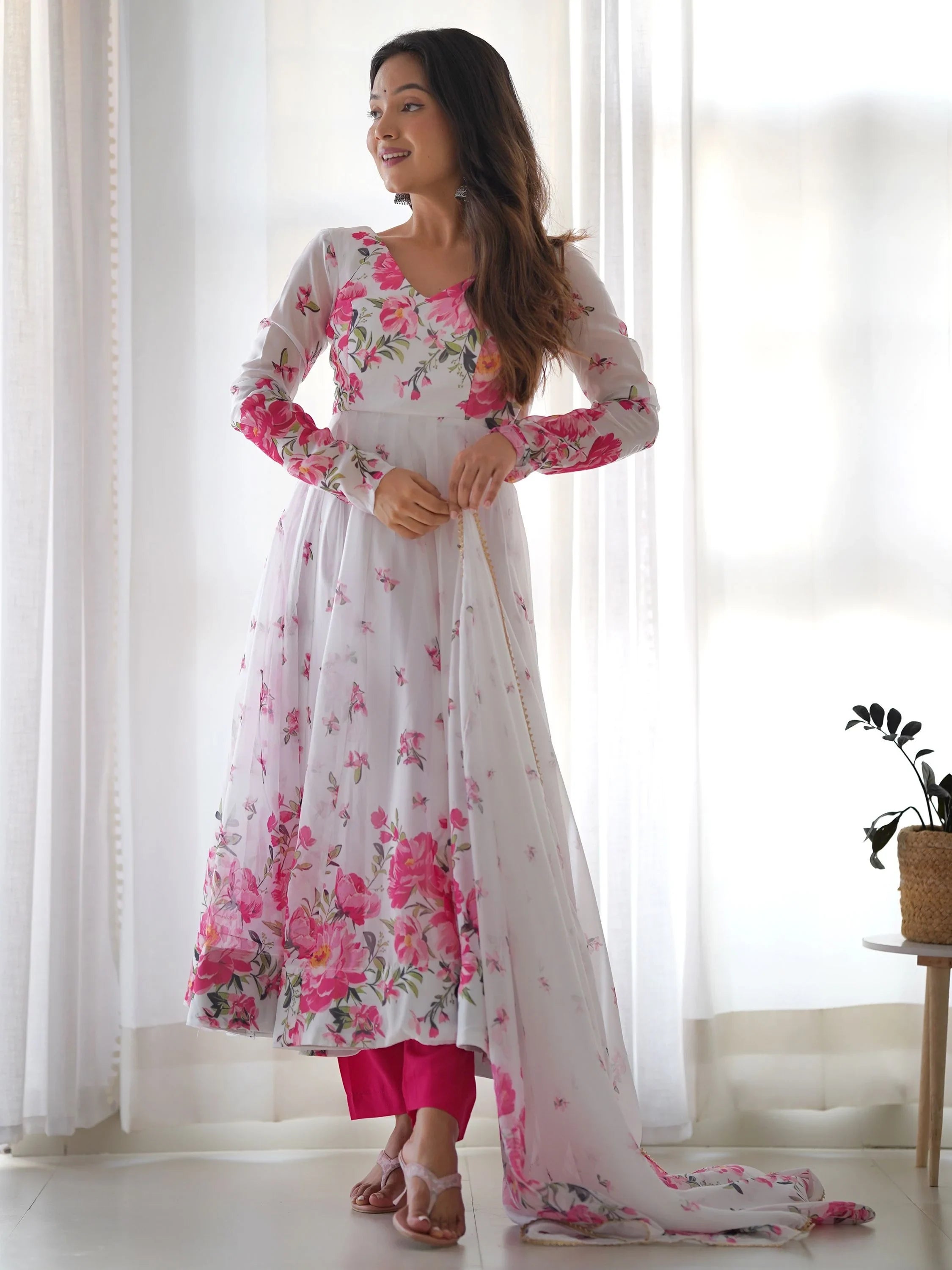 White Floral Printed Organza Event Wear Anarkali Suit for Women