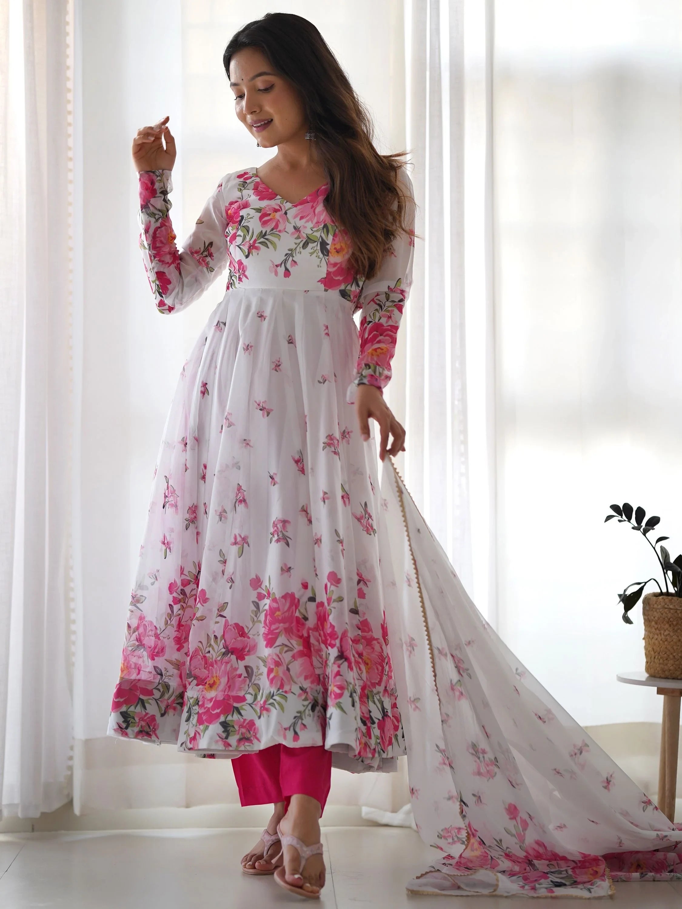 White Floral Printed Organza Event Wear Anarkali Suit for Women