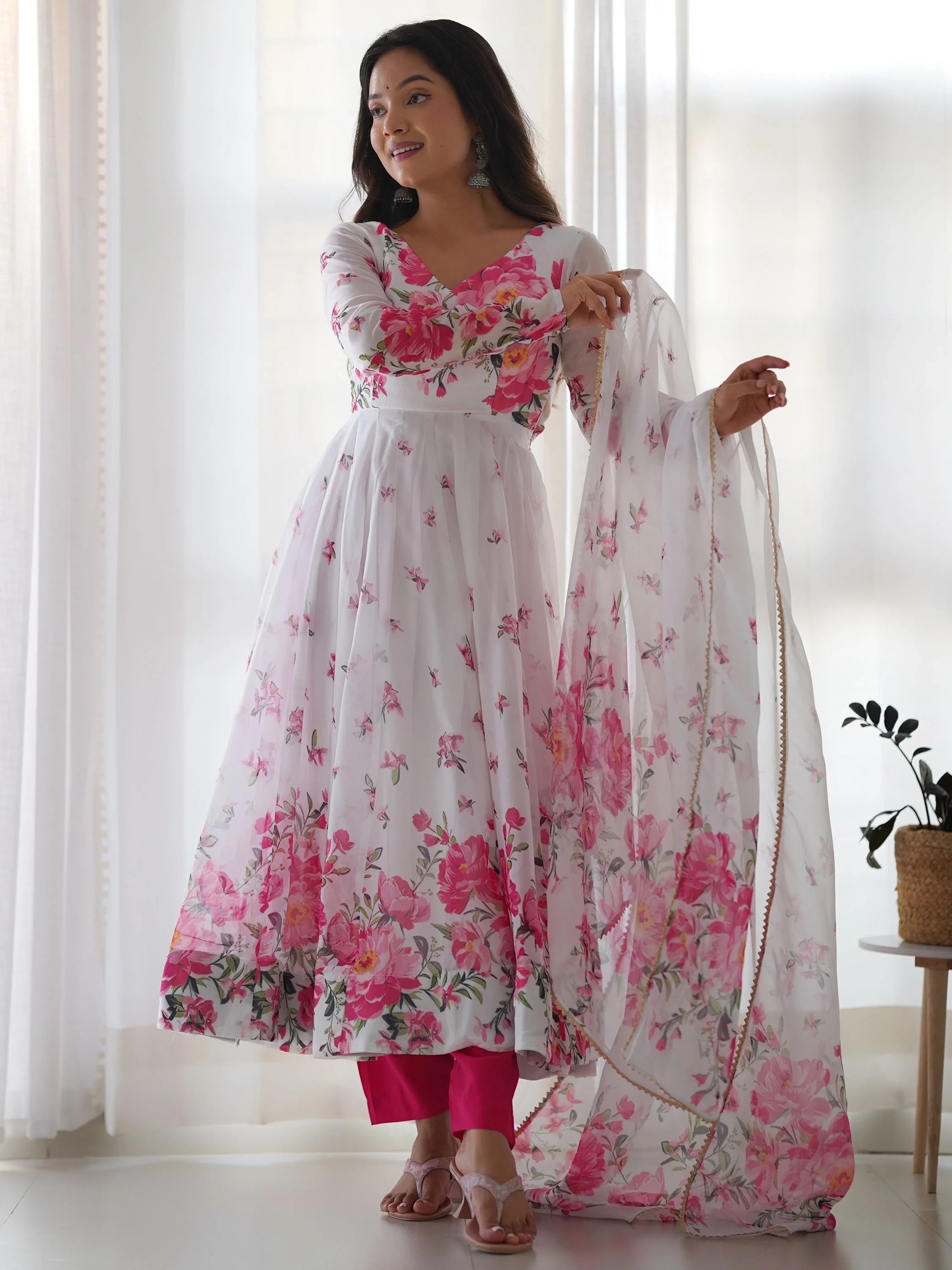 White Floral Printed Organza Event Wear Anarkali Suit for Women