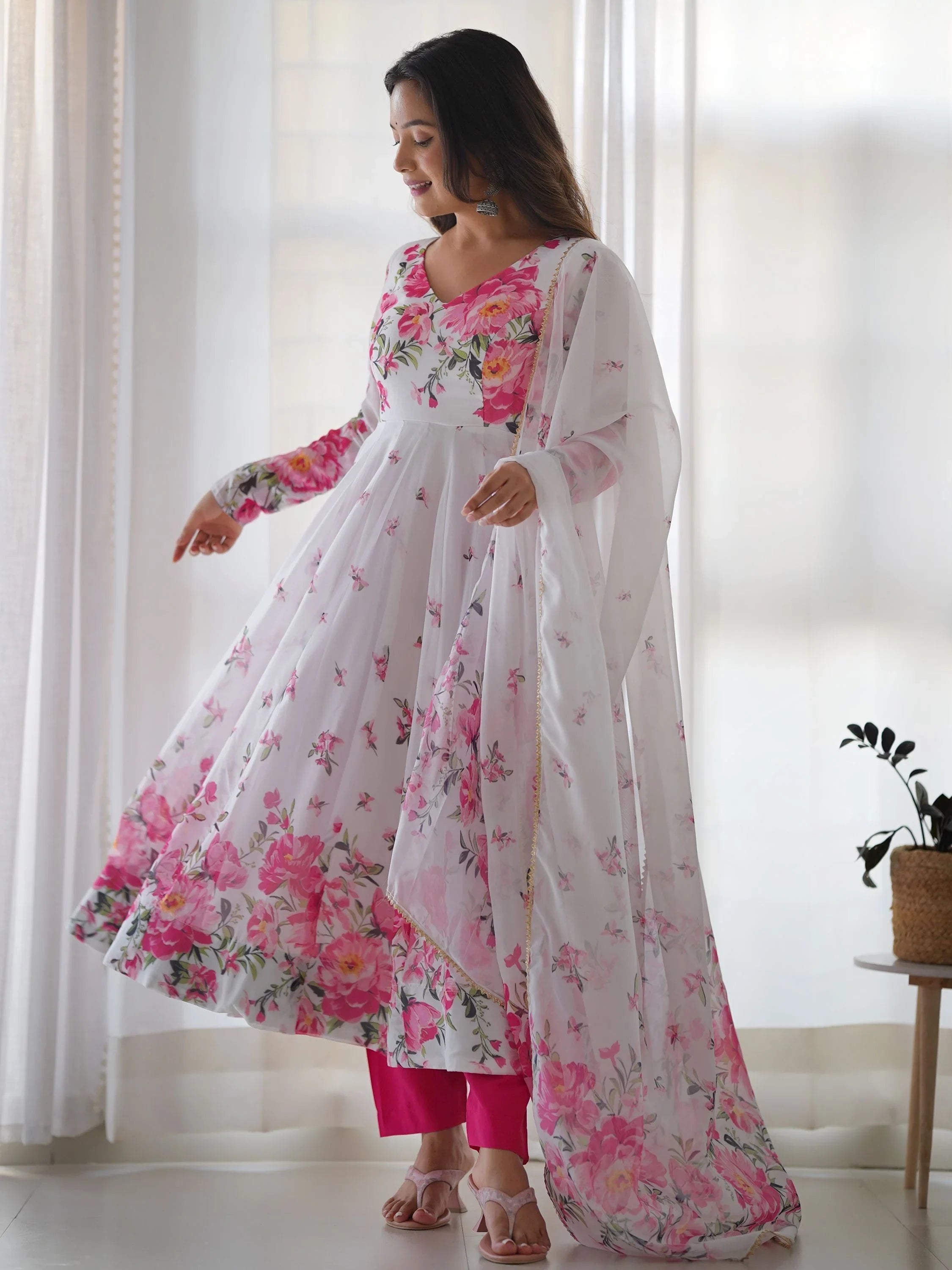 White Floral Printed Organza Event Wear Anarkali Suit for Women