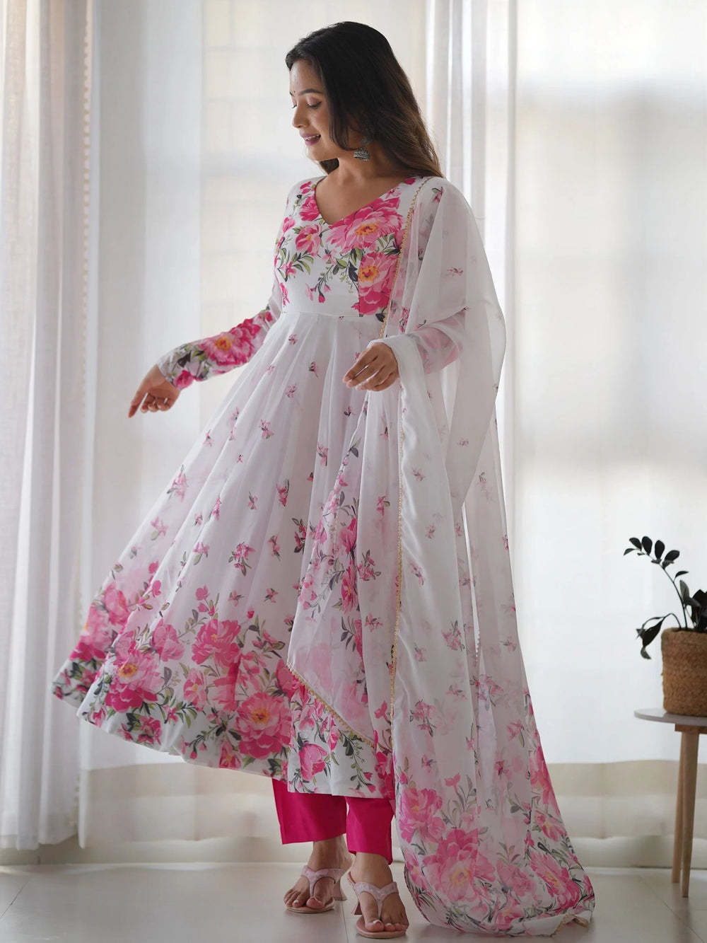 White Floral Printed Organza Event Wear Anarkali Suit for Women
