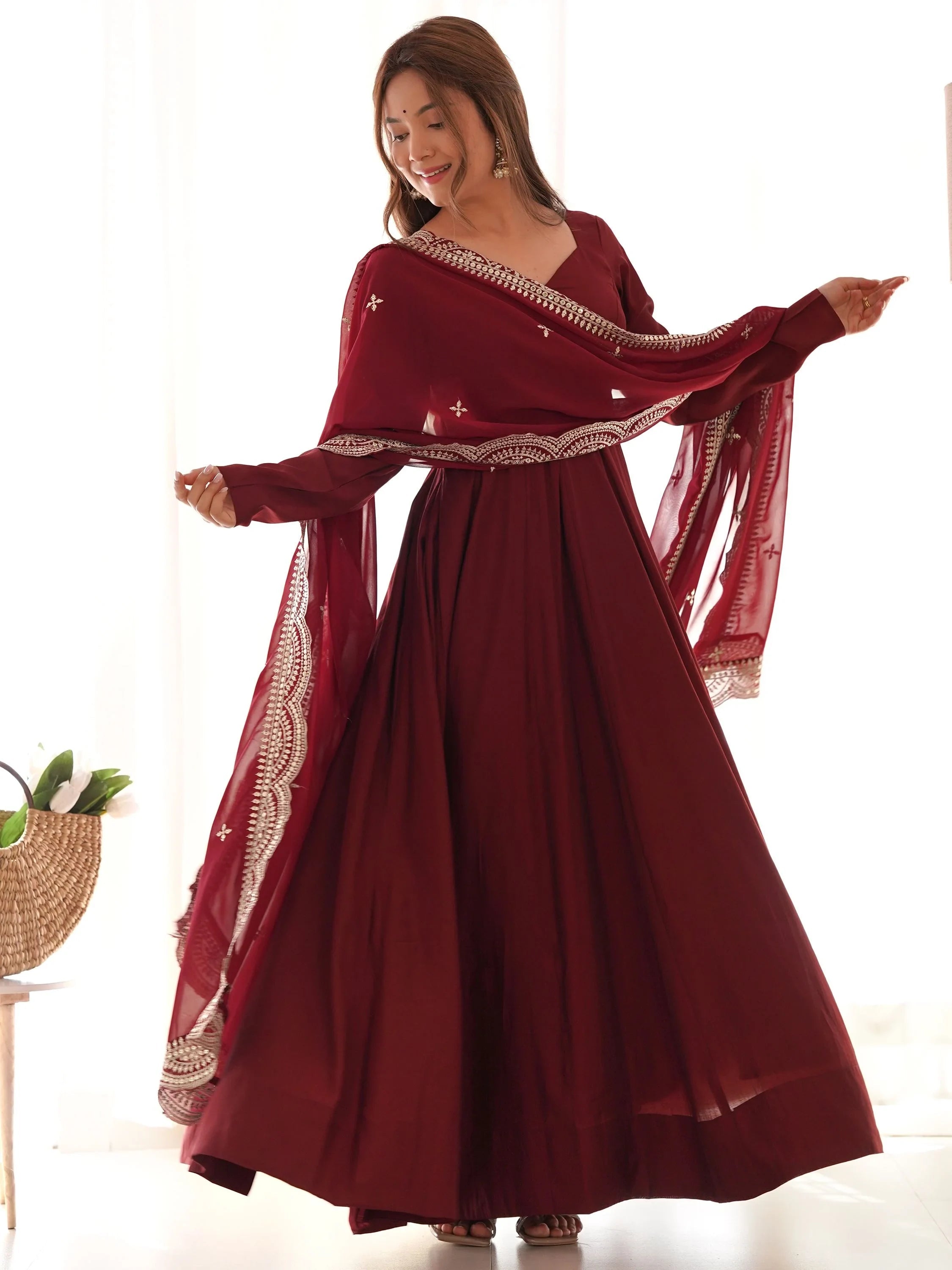 Maroon Glamorous Silk Festival Wear Anarkali Suit Pant With Dupatta for Women