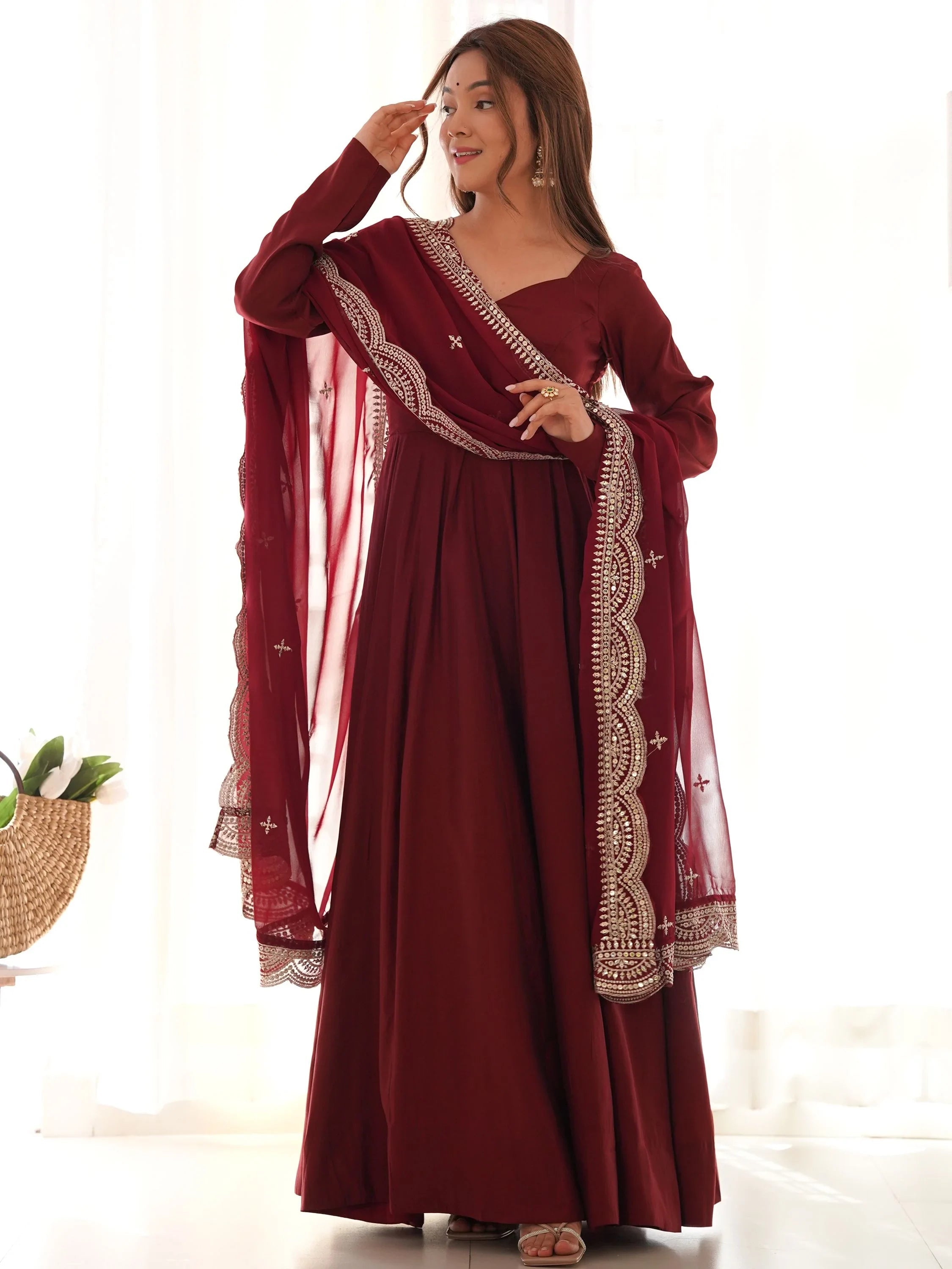 Maroon Glamorous Silk Festival Wear Anarkali Suit Pant With Dupatta for Women
