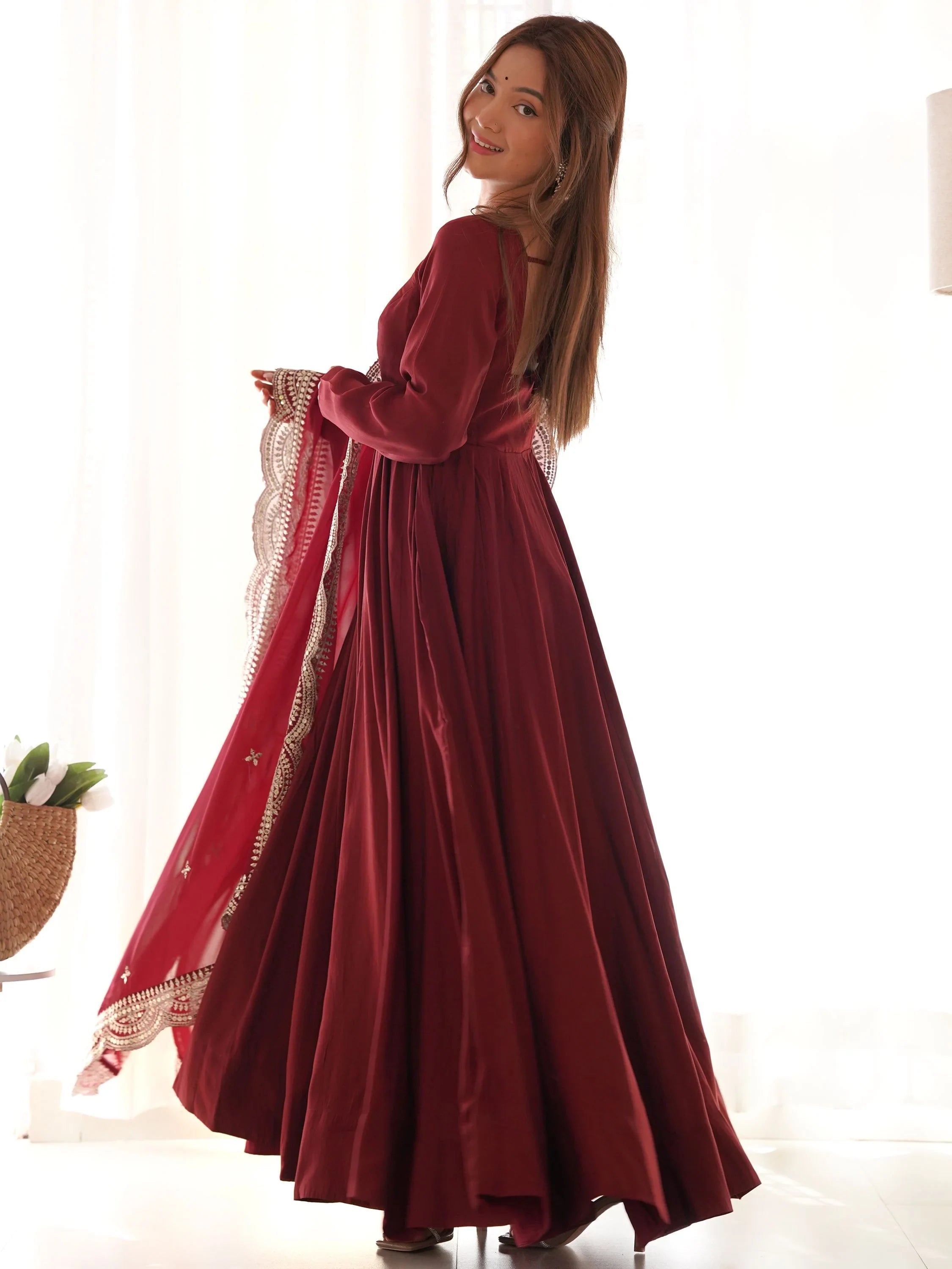 Maroon Glamorous Silk Festival Wear Anarkali Suit Pant With Dupatta for Women