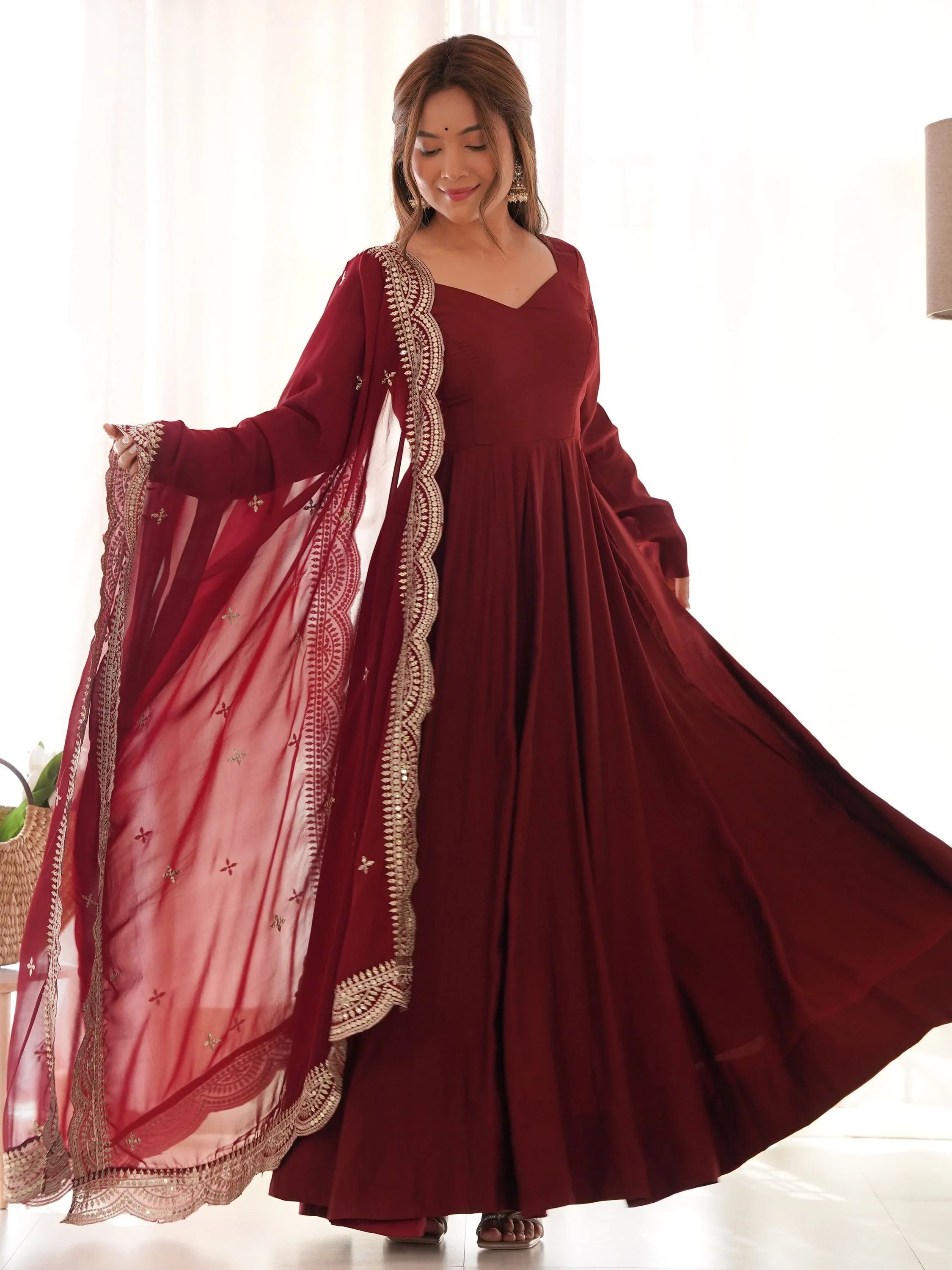 Maroon Glamorous Silk Festival Wear Anarkali Suit Pant With Dupatta for Women
