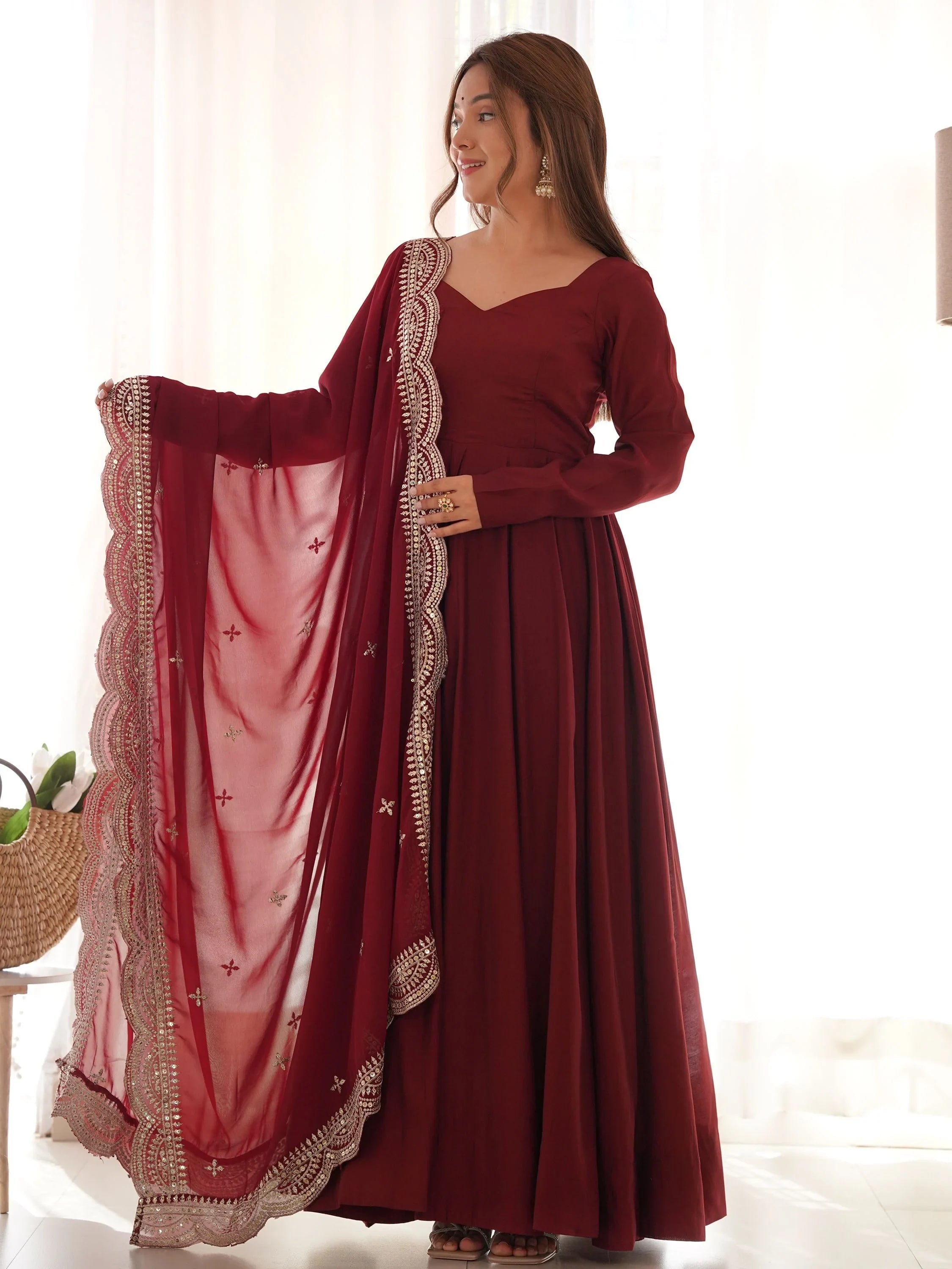 Maroon Glamorous Silk Festival Wear Anarkali Suit Pant With Dupatta for Women