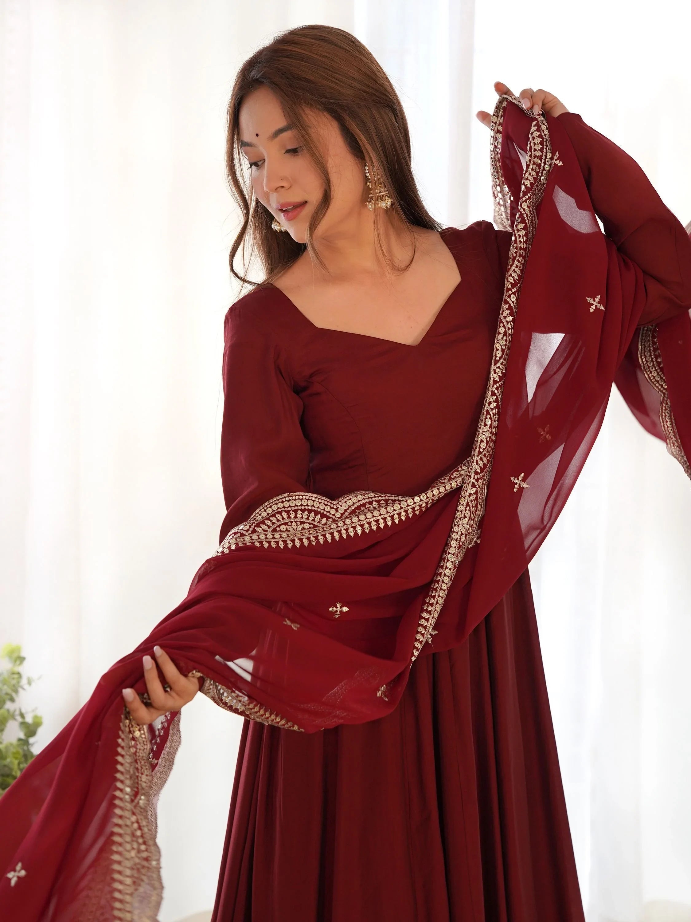Maroon Glamorous Silk Festival Wear Anarkali Suit Pant With Dupatta for Women