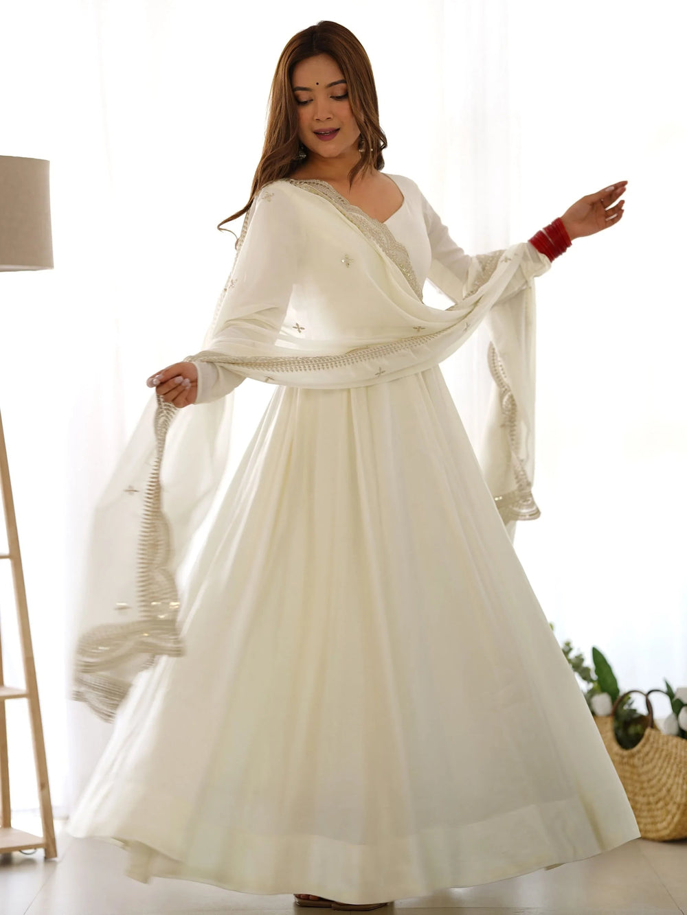 Off White Glamorous Silk Festival Wear Anarkali Suit Pant With Dupatta for Women