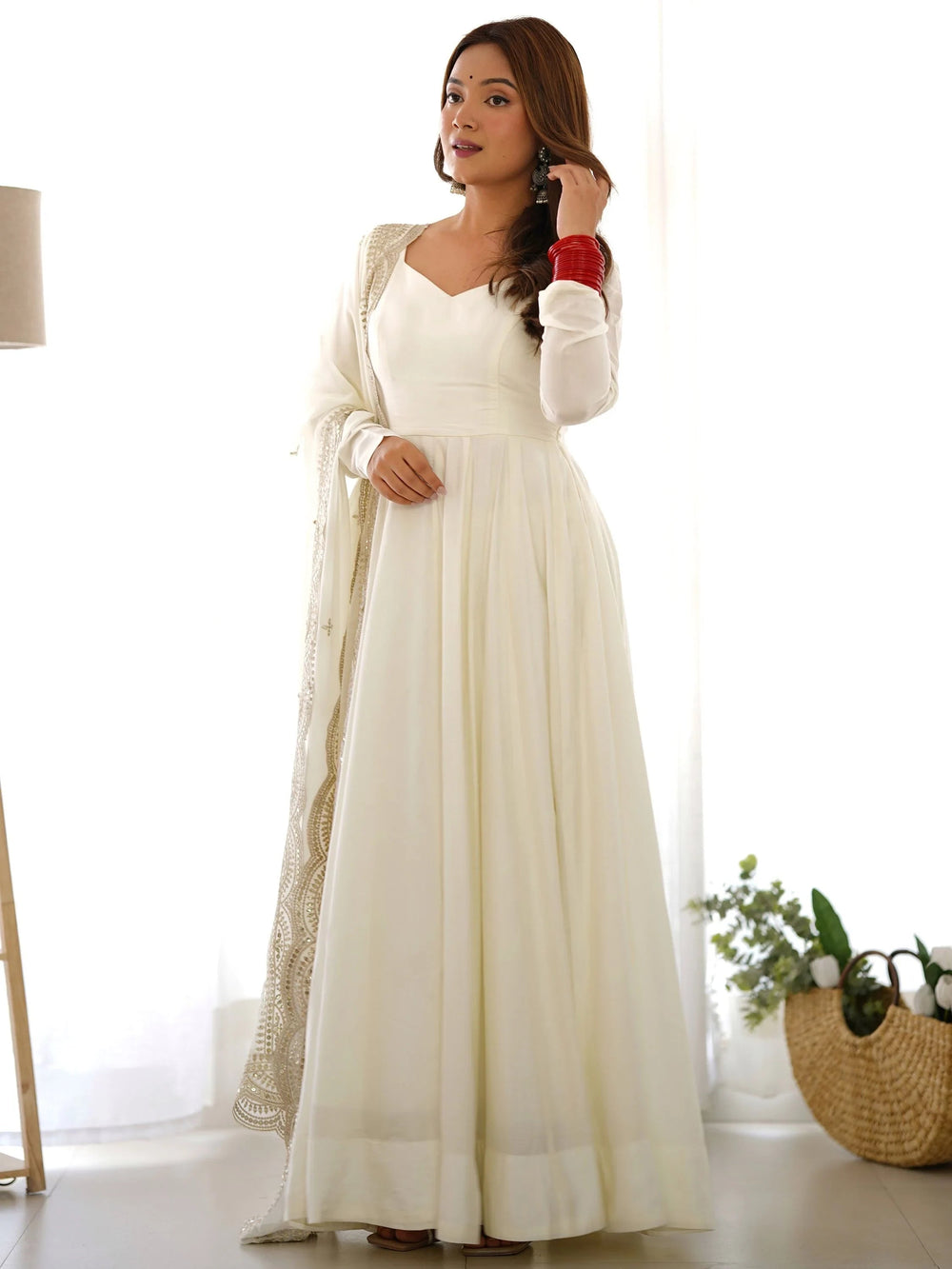 Off White Glamorous Silk Festival Wear Anarkali Suit Pant With Dupatta for Women