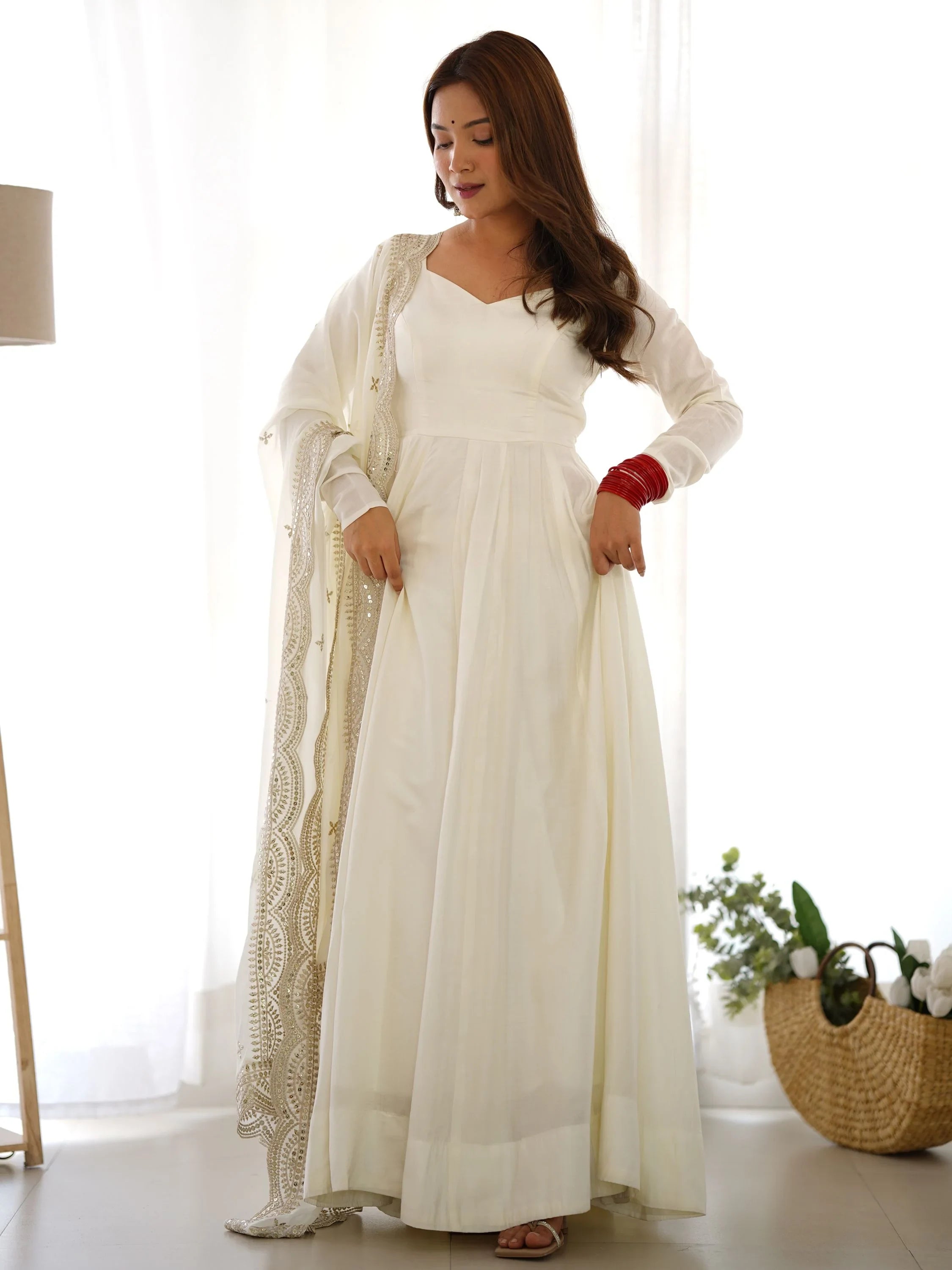 Off White Glamorous Silk Festival Wear Anarkali Suit Pant With Dupatta for Women