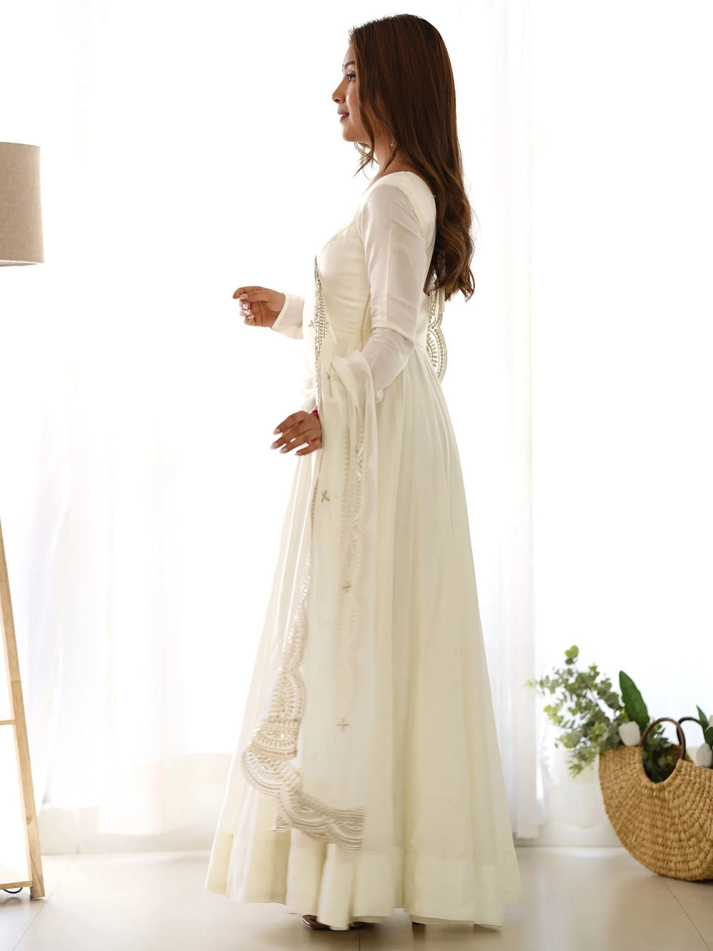 Off White Glamorous Silk Festival Wear Anarkali Suit Pant With Dupatta for Women