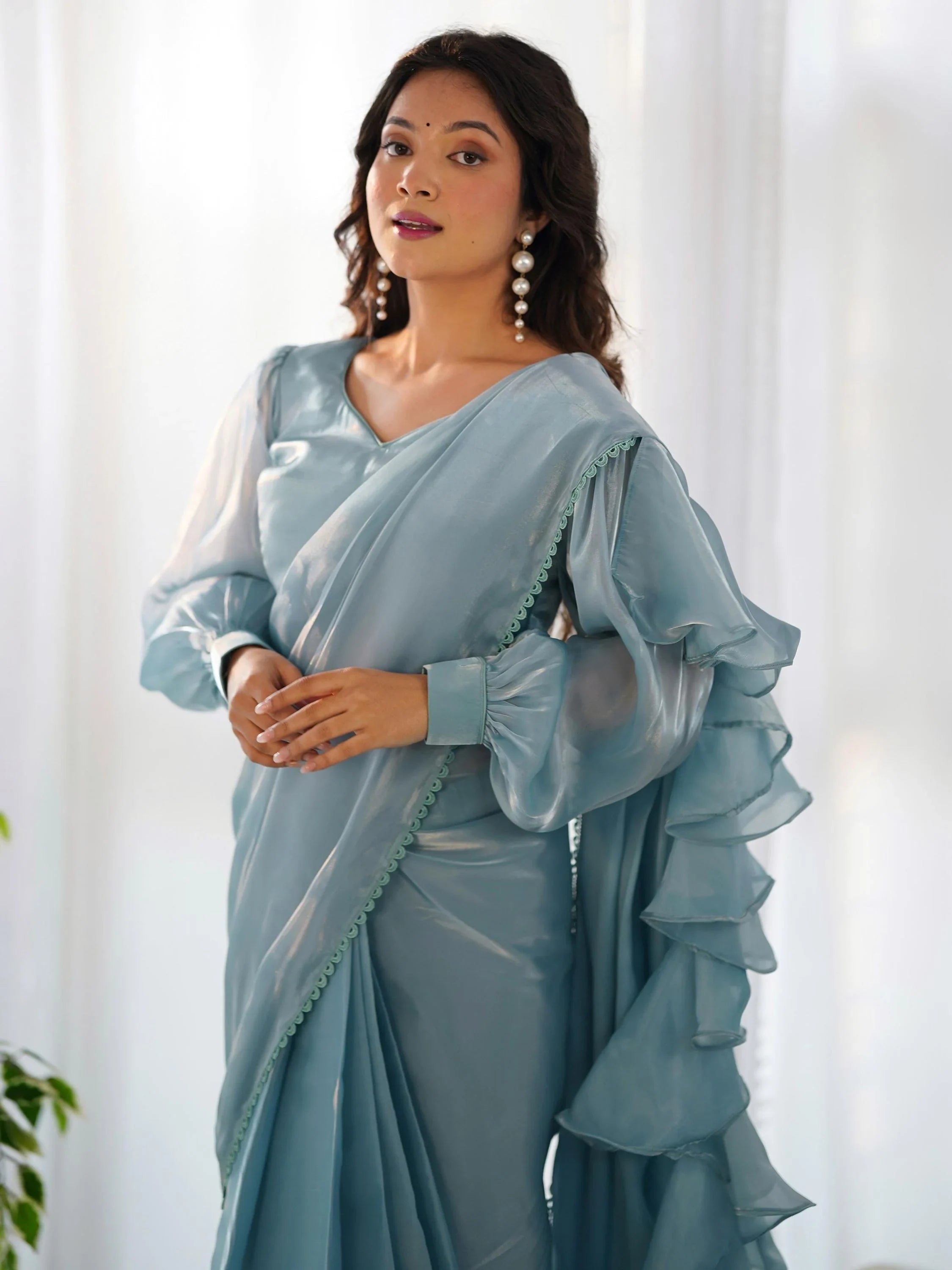 Blue Organza Party Wear Readymade Saree With Blouse