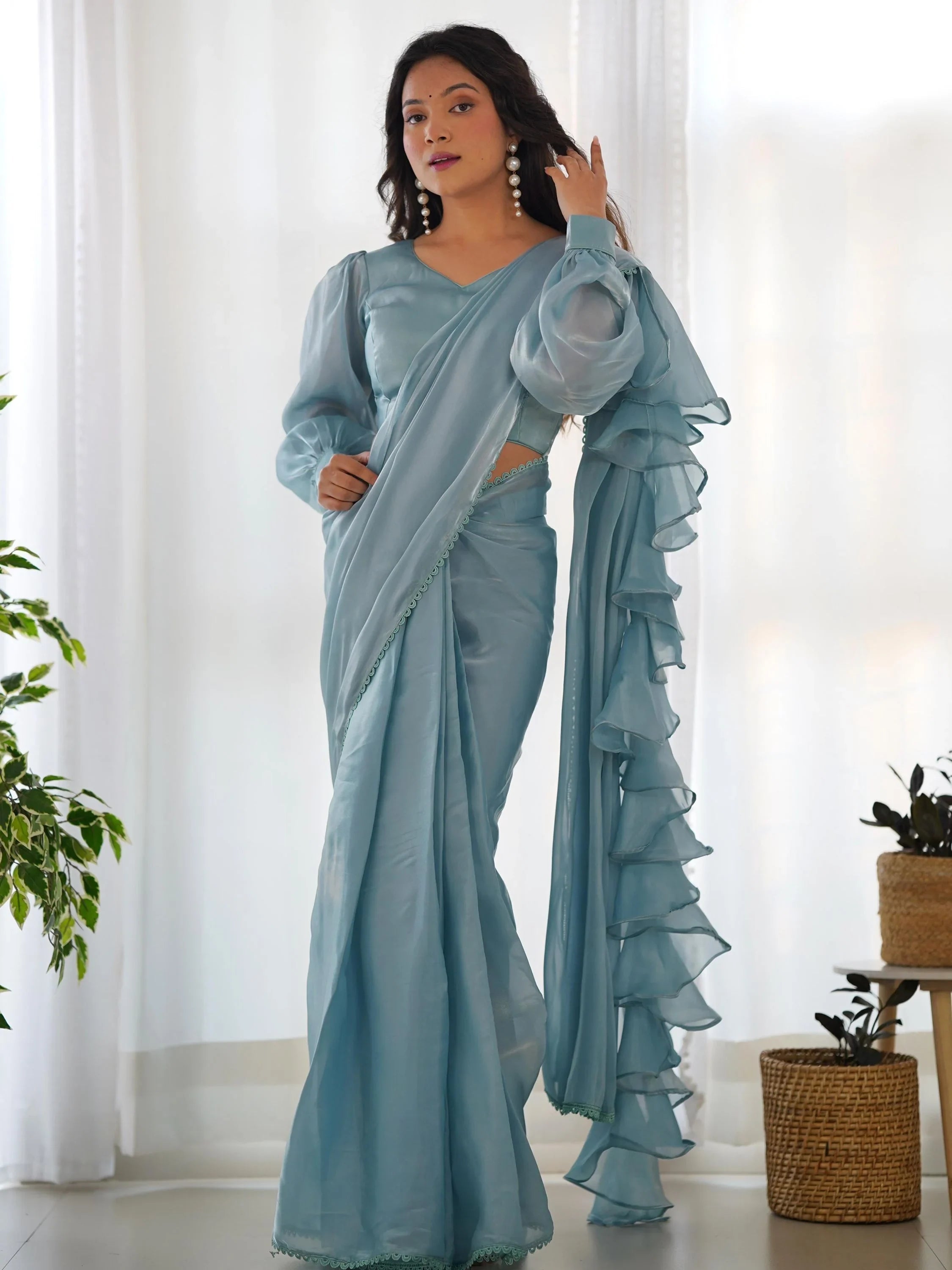 Blue Organza Party Wear Readymade Saree With Blouse
