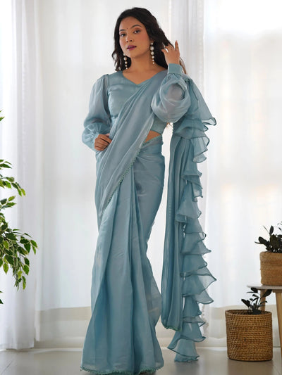 Blue Organza Party Wear Readymade Saree With Blouse