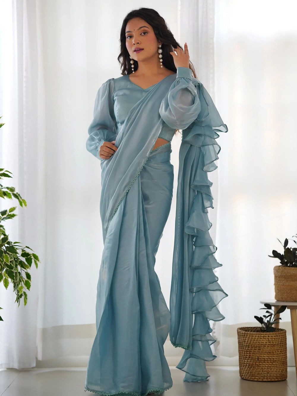 Blue Organza Party Wear Readymade Saree With Blouse