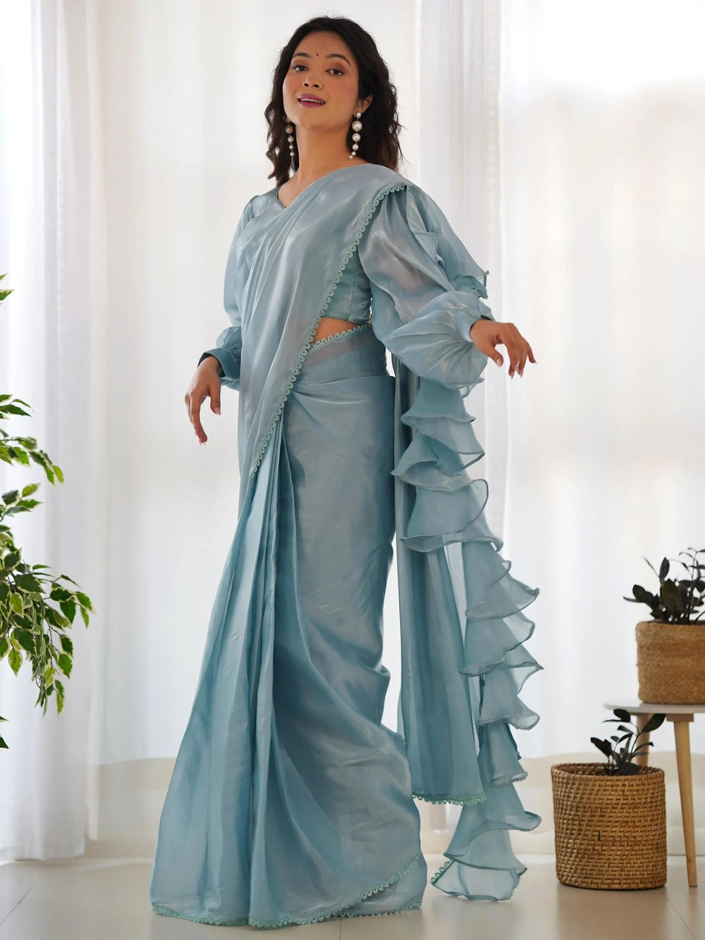 Blue Organza Party Wear Readymade Saree With Blouse