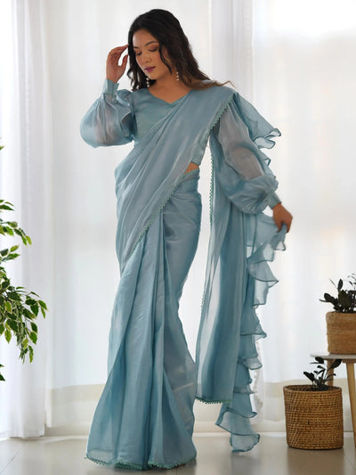 Blue Organza Party Wear Readymade Saree With Blouse