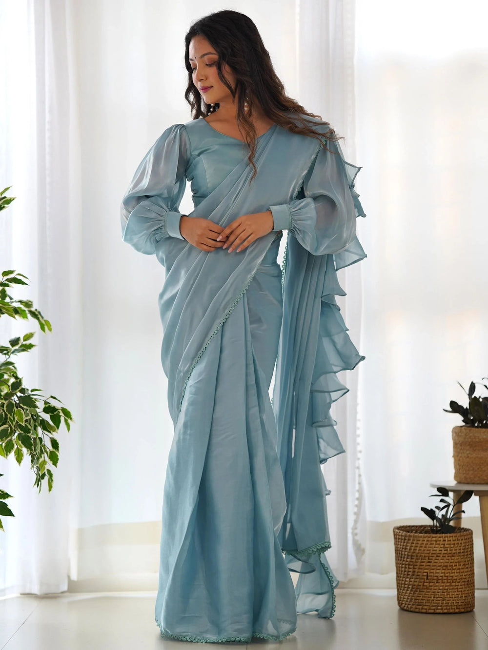 Blue Organza Party Wear Readymade Saree With Blouse