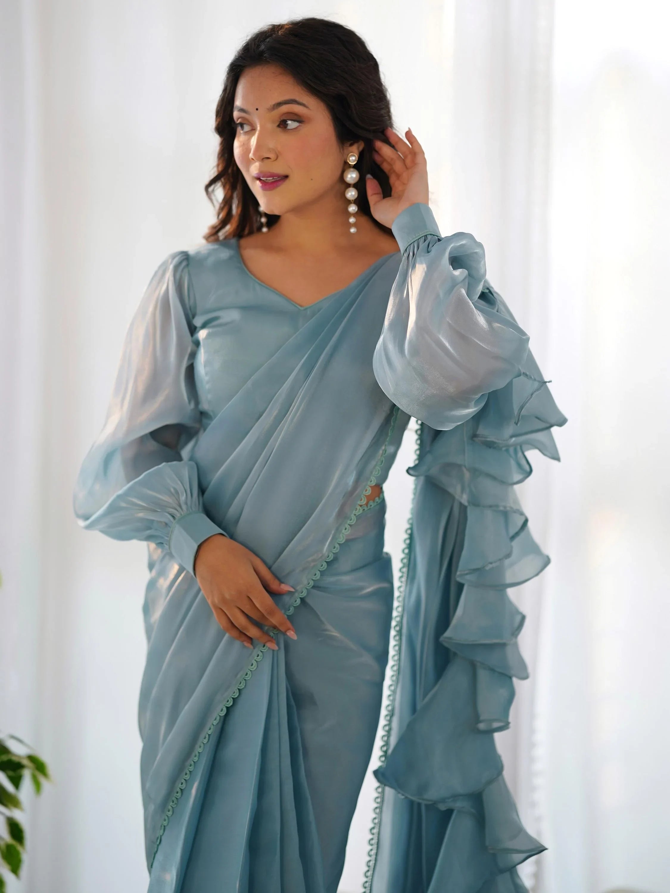 Blue Organza Party Wear Readymade Saree With Blouse