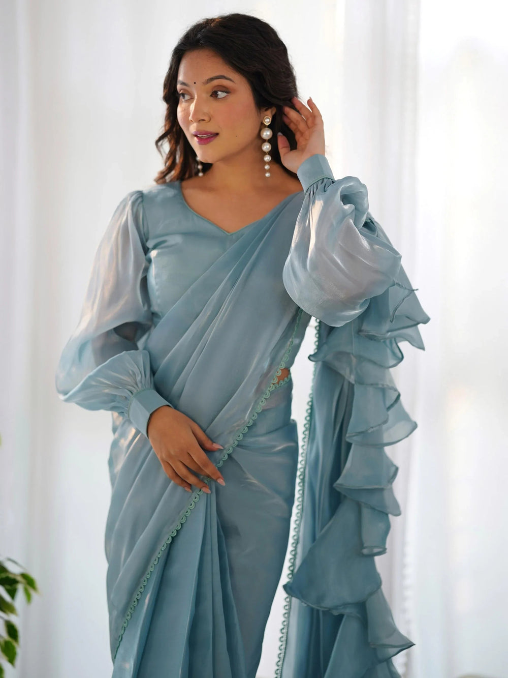 Blue Organza Party Wear Readymade Saree With Blouse