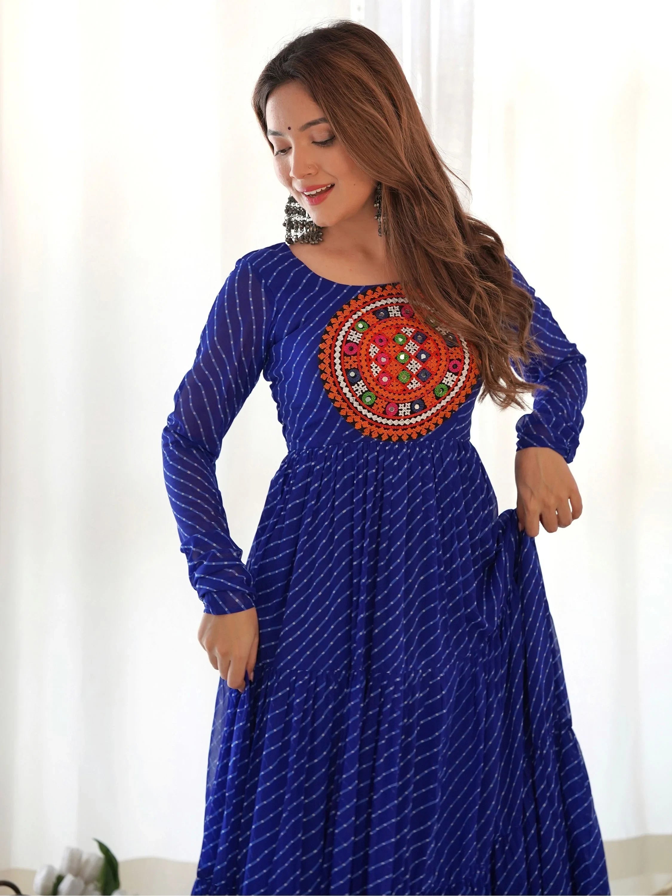 Blue Laheriya Printed Georgette Navratri Wear Gown for Women