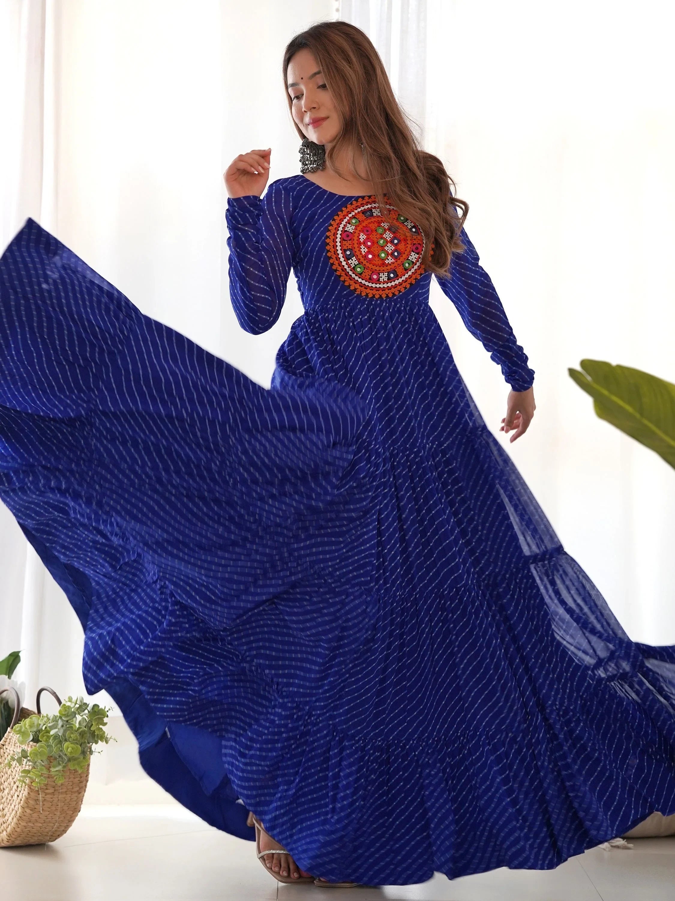 Blue Laheriya Printed Georgette Navratri Wear Gown for Women
