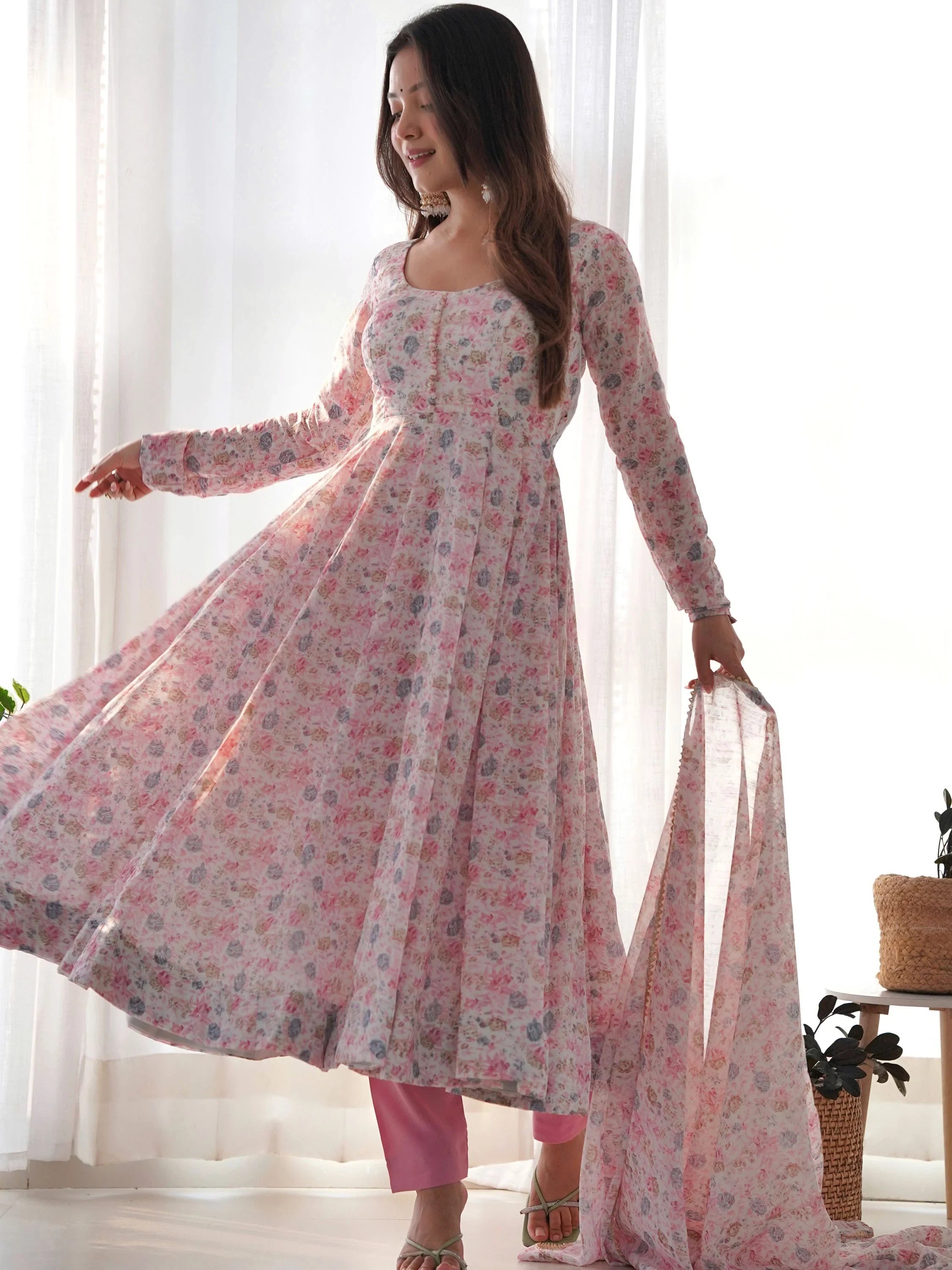 Pink Lovable Digital Printed Chiffon Festival Wear Anarkali Suit for Women