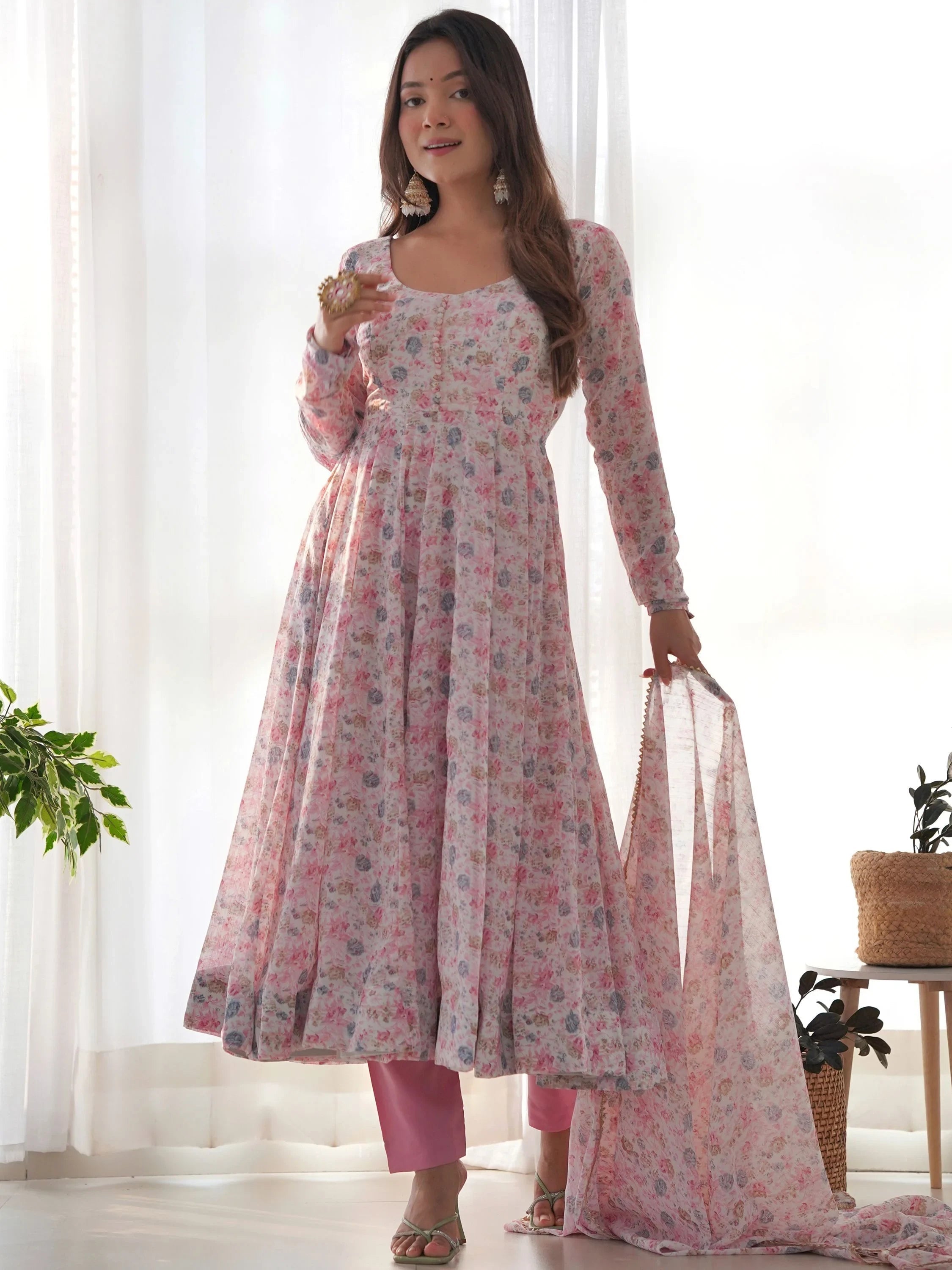 Pink Lovable Digital Printed Chiffon Festival Wear Anarkali Suit for Women
