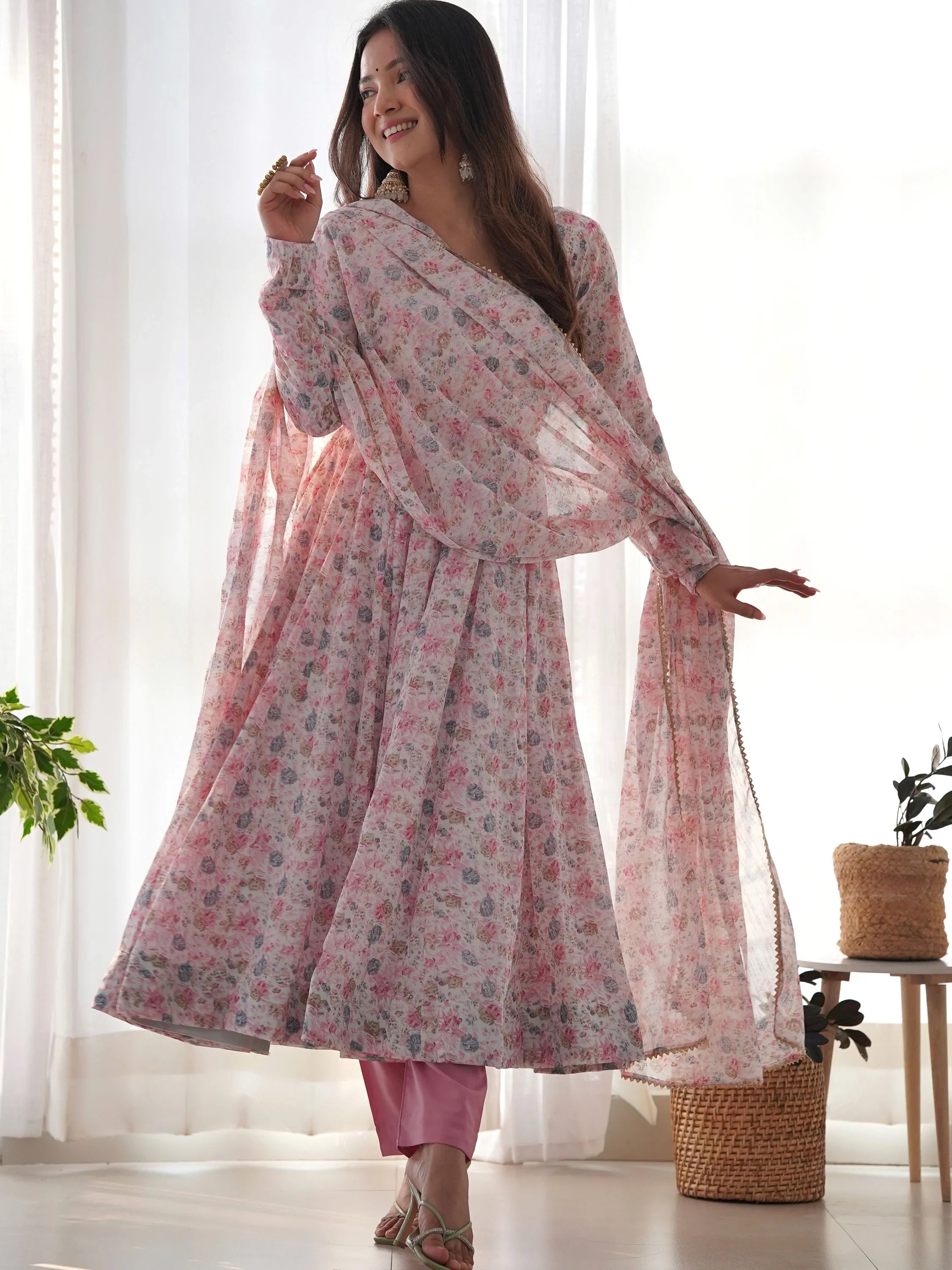 Pink Lovable Digital Printed Chiffon Festival Wear Anarkali Suit for Women